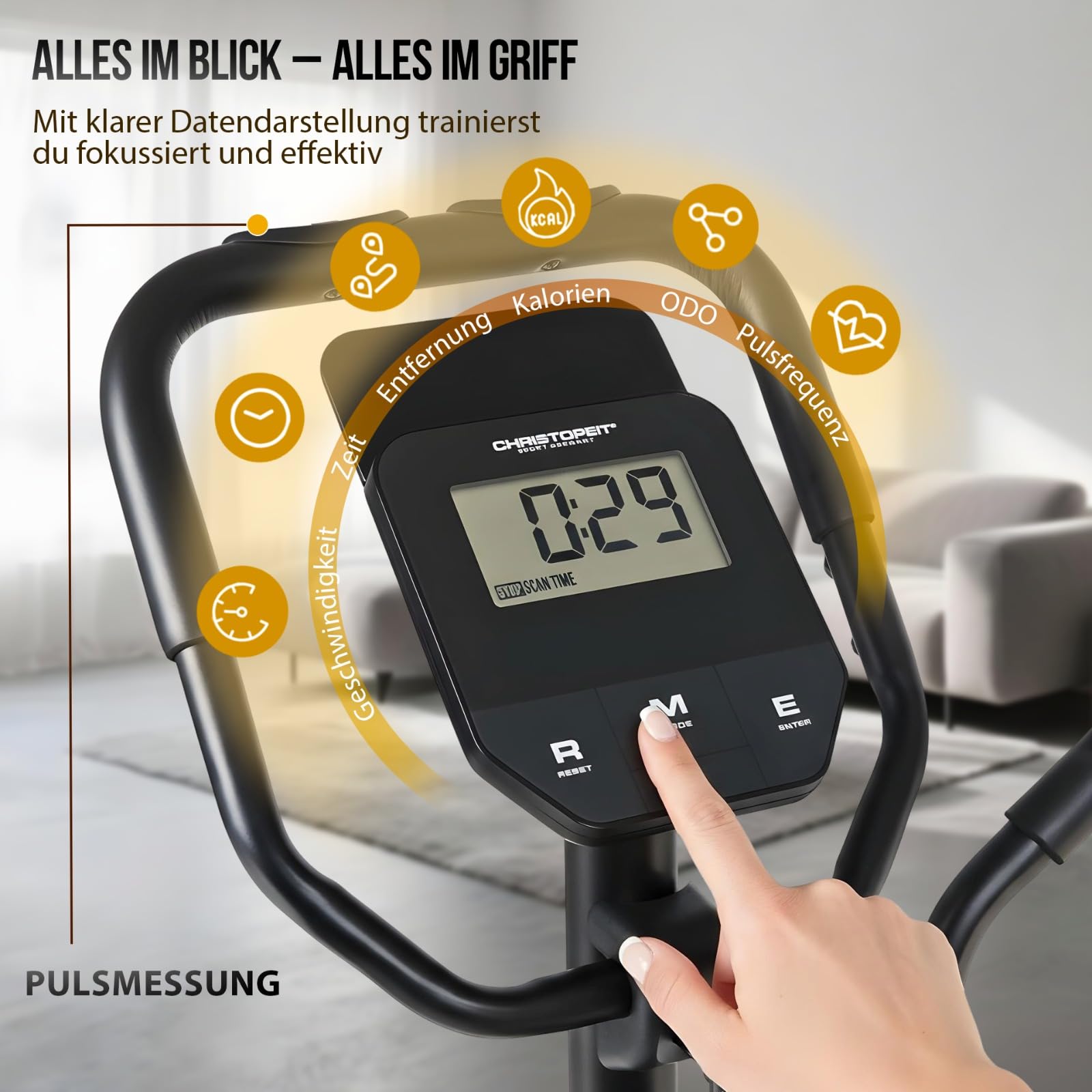 Christopeit Vélo elliptique CT 6 – vélo elliptique et vélo d'appartement 2 en 1, frein magnétique de 7 kg, 8 niveaux de résistance, capteurs de pouls manuels, support pour tablette/smartphone, jusqu'à
