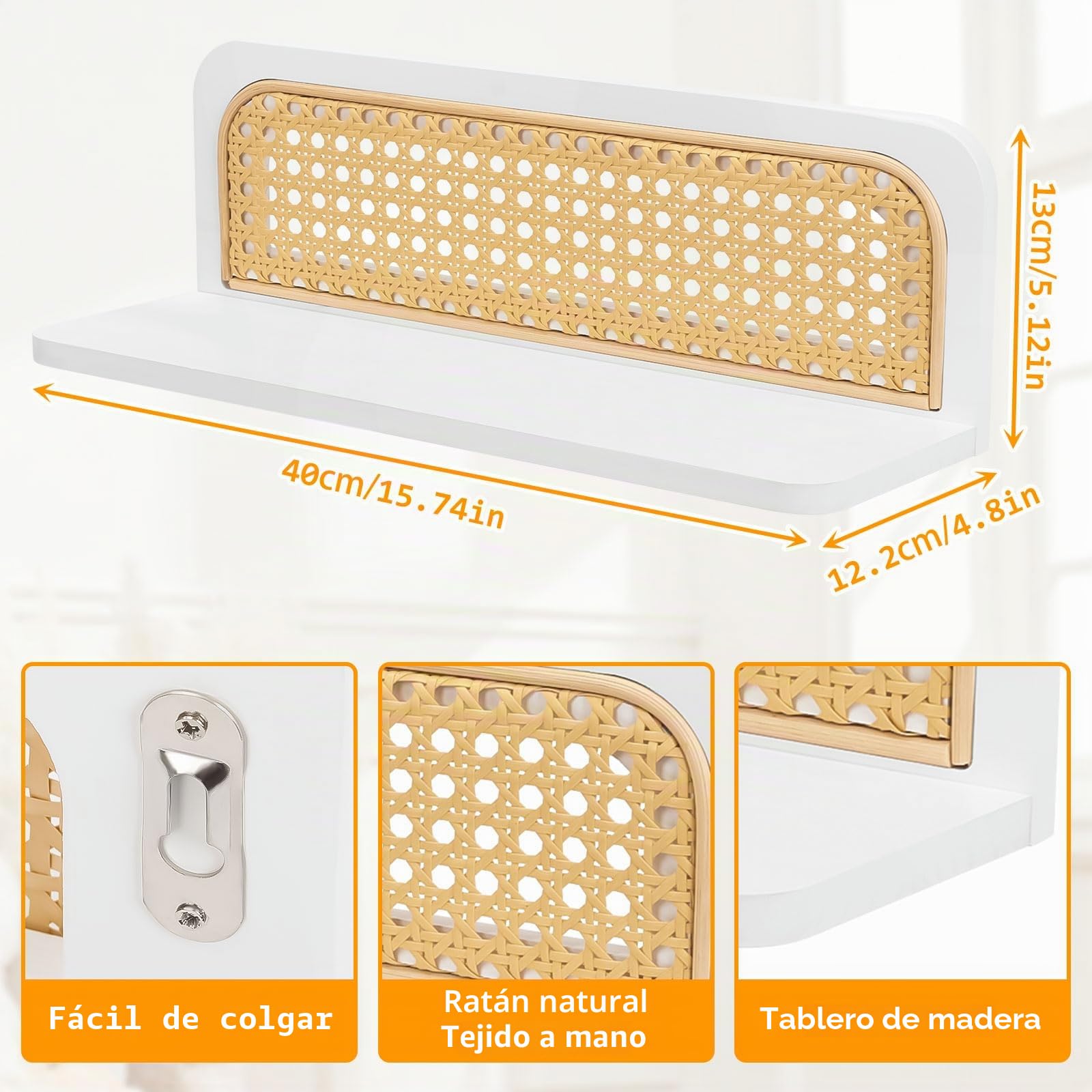 2 Piezas Estante de Pared Blanco Boho, Estante de Ratán, Estanteria Blanca Baldas Flotante Pared de 40cm, Decoración Rústica Moderna de Madera para Salon, Cocina, Habitación Infantil y Dormitorio