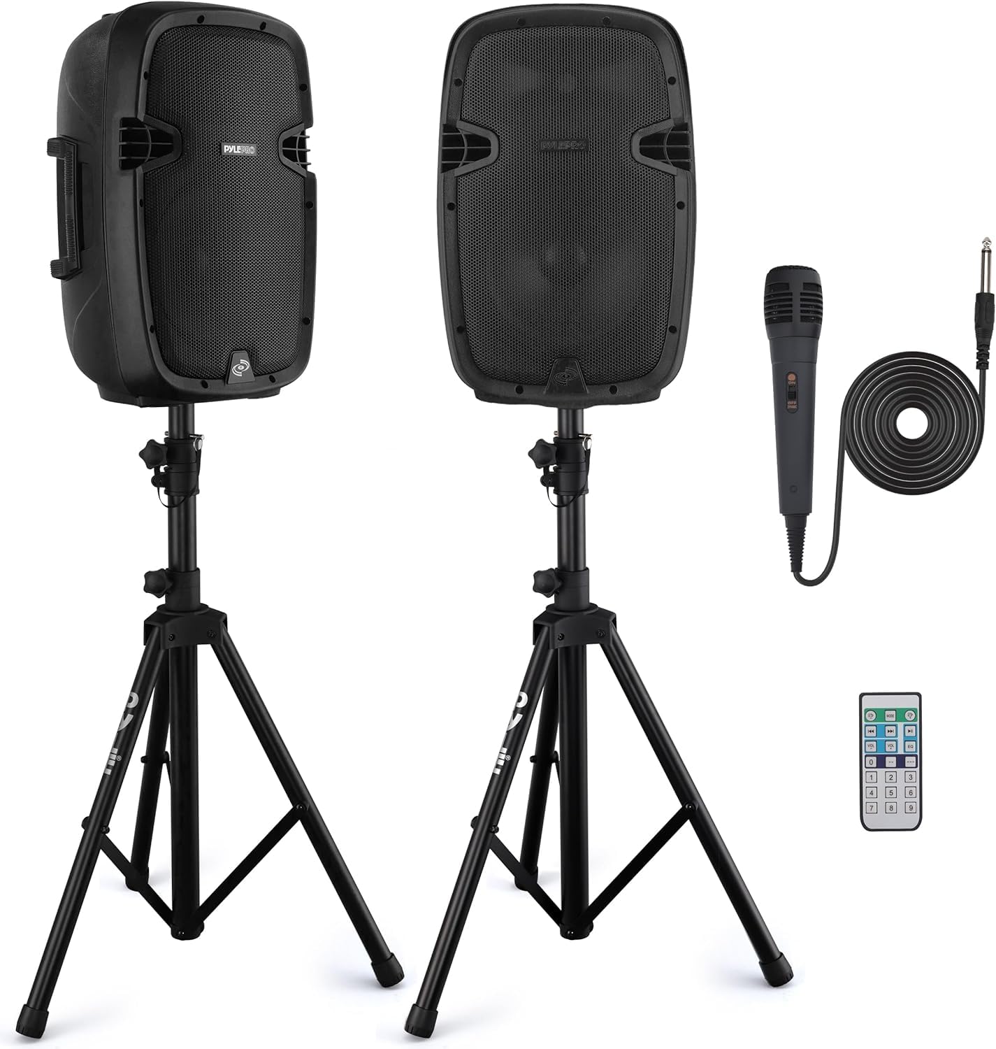 Pyle 1000W Bluetooth PA System – Portable 26cm DJ Speakers with Stands & Wireless Microphone, USB/MP3 Playback, Built-in Amplifier, PA Loudspeaker Set for Parties, Events & Gigs