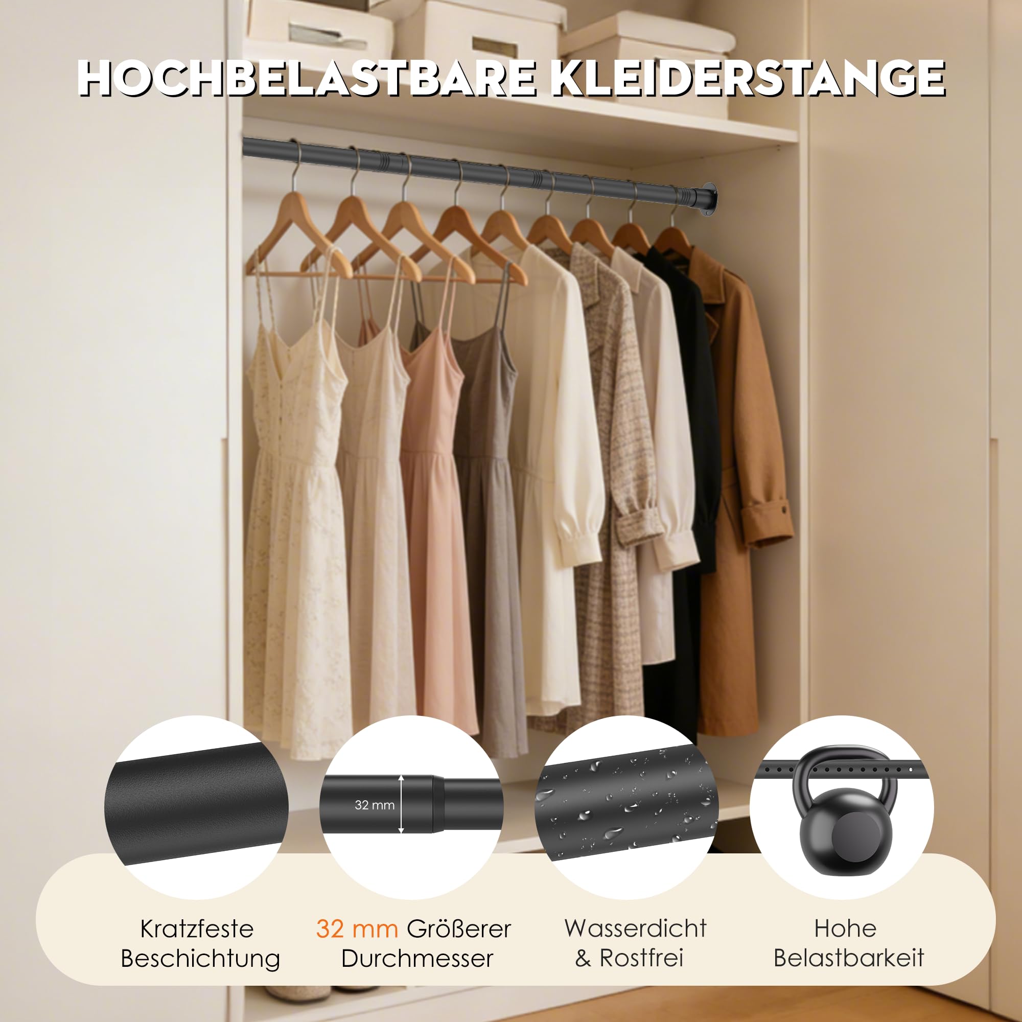 32mm Garderobenstange, Schwarze Schrank Teleskopstange,74-130cm Kleiderstange mit Metallhalterungen，1 Set Kleiderstange Wandmontage