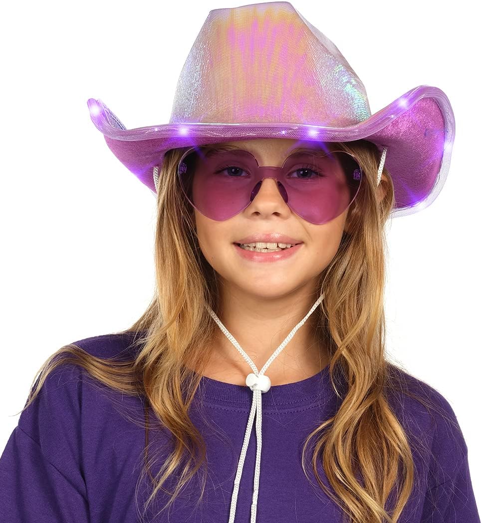 Funcredible Purple Light Up Cowgirl Hat - Shiny Cowboy Hat with Heart Glasses - Perfect for Space Cowgirl Outfit, Disco Cowboy Outfit, and Rodeo Costumes - Image 4