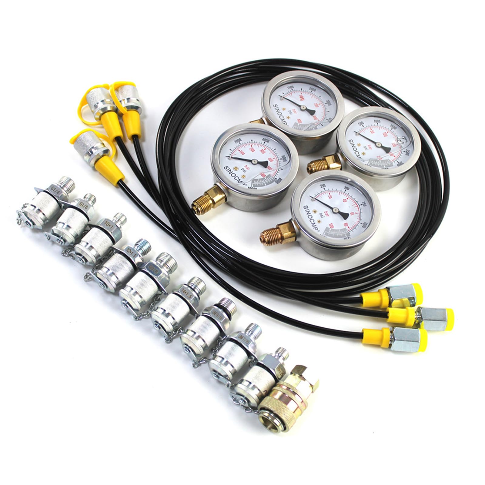 Kit manometro per prova di pressione idraulica con 4 manometri 10/25/40/60 Mpa, 9 raccordi e 3 tubi flessibili di prova lunghi 150 cm, strumento diagnostico del manometro per escavatori, con custodi