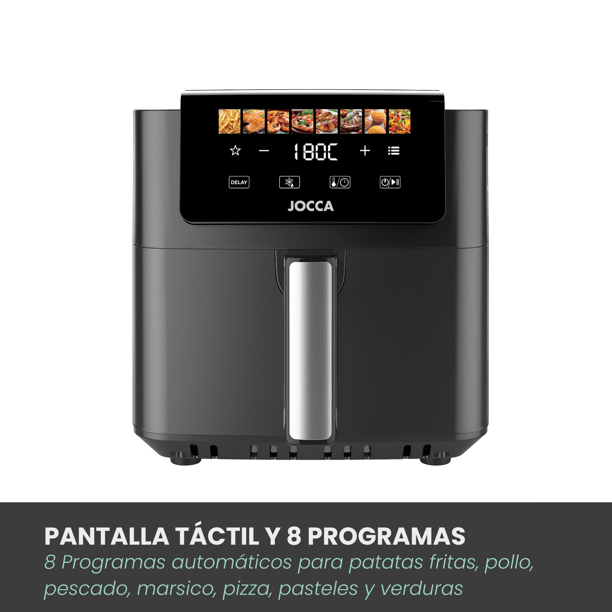 JOCCA - Freidora de Aire 6.5L 1700W con Pantalla Táctil, 8 Programas, Control de Temperatura 40-200°C, Air Fryer sin Aceite, Cavidad Metálica, Mango Desmontable, Negro