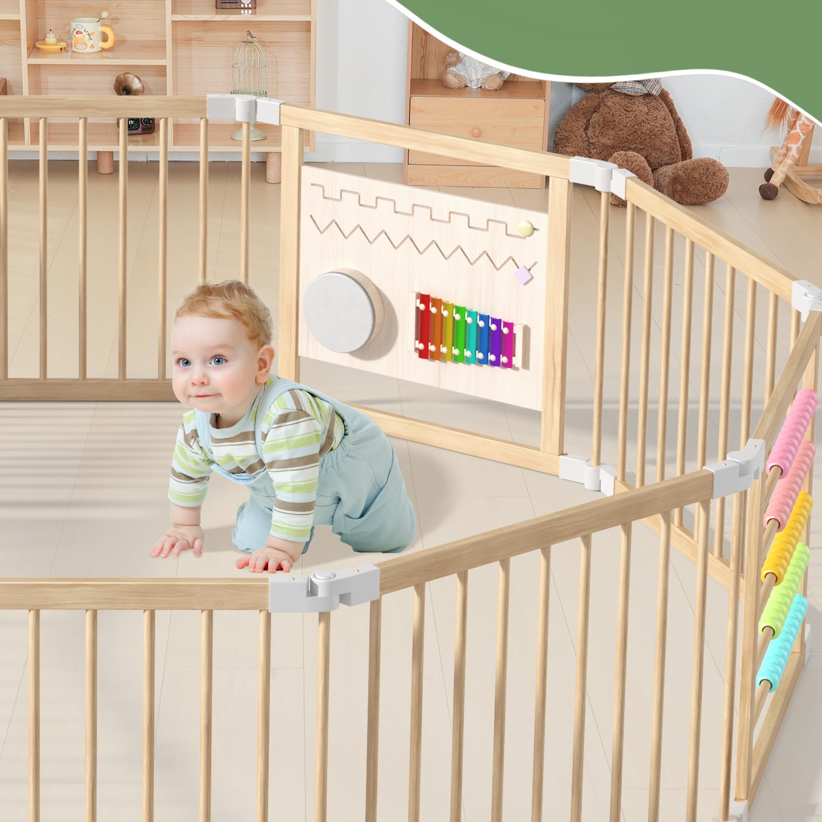 240x160x61cm Baby Laufgitter klappbar Laufstall Holz Kinder Activity Center mit Tür, musikalischem Spielzeug Krabbelgitter Verformbar Absperrgitter für Kinder (10 Paneele)