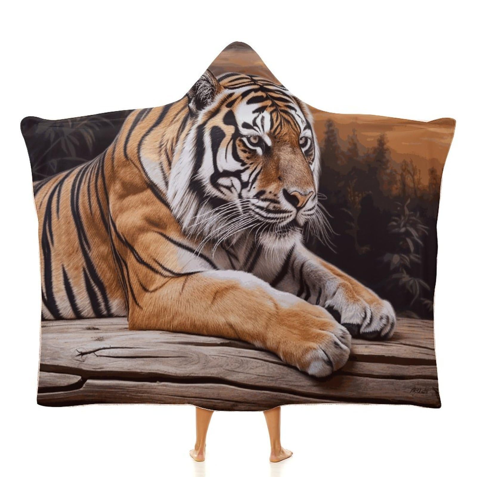 Tiger Lying on Wood Hooded Blanket Soft Wearable Blankets Cozy Hoodie Throw Cloak Wrap Poncho Cape Blanket 40"x50"