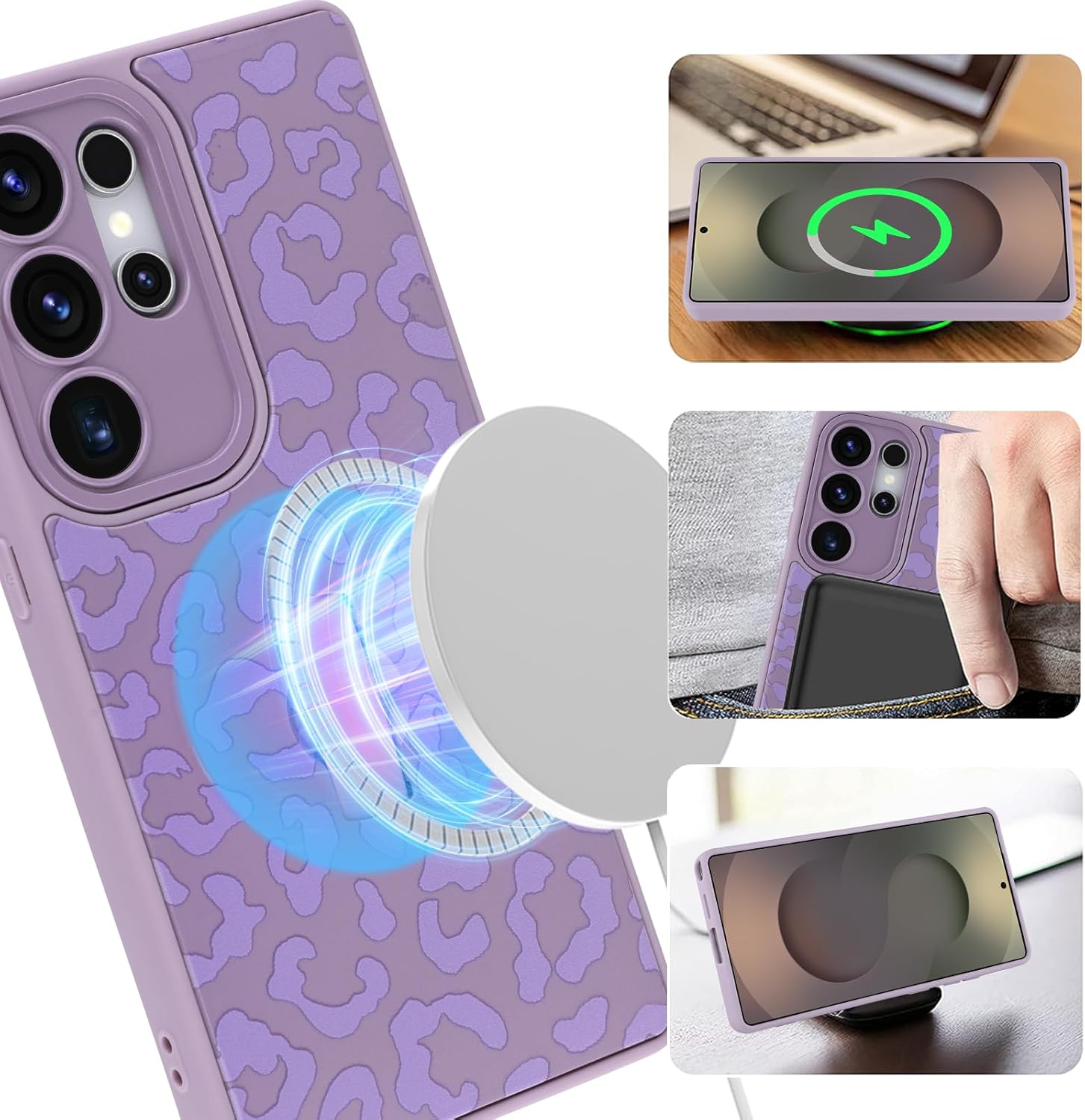 MOWIME Magnetic for Samsung Galaxy S25 Ultra Case with Finger Strap, Compatible with Magsafe, Cheetah Print Pattern Women Girls, Slim Shockproof Soft TPU Case for Galaxy S25 Ultra 6.9 Inch, Purple - Image 5