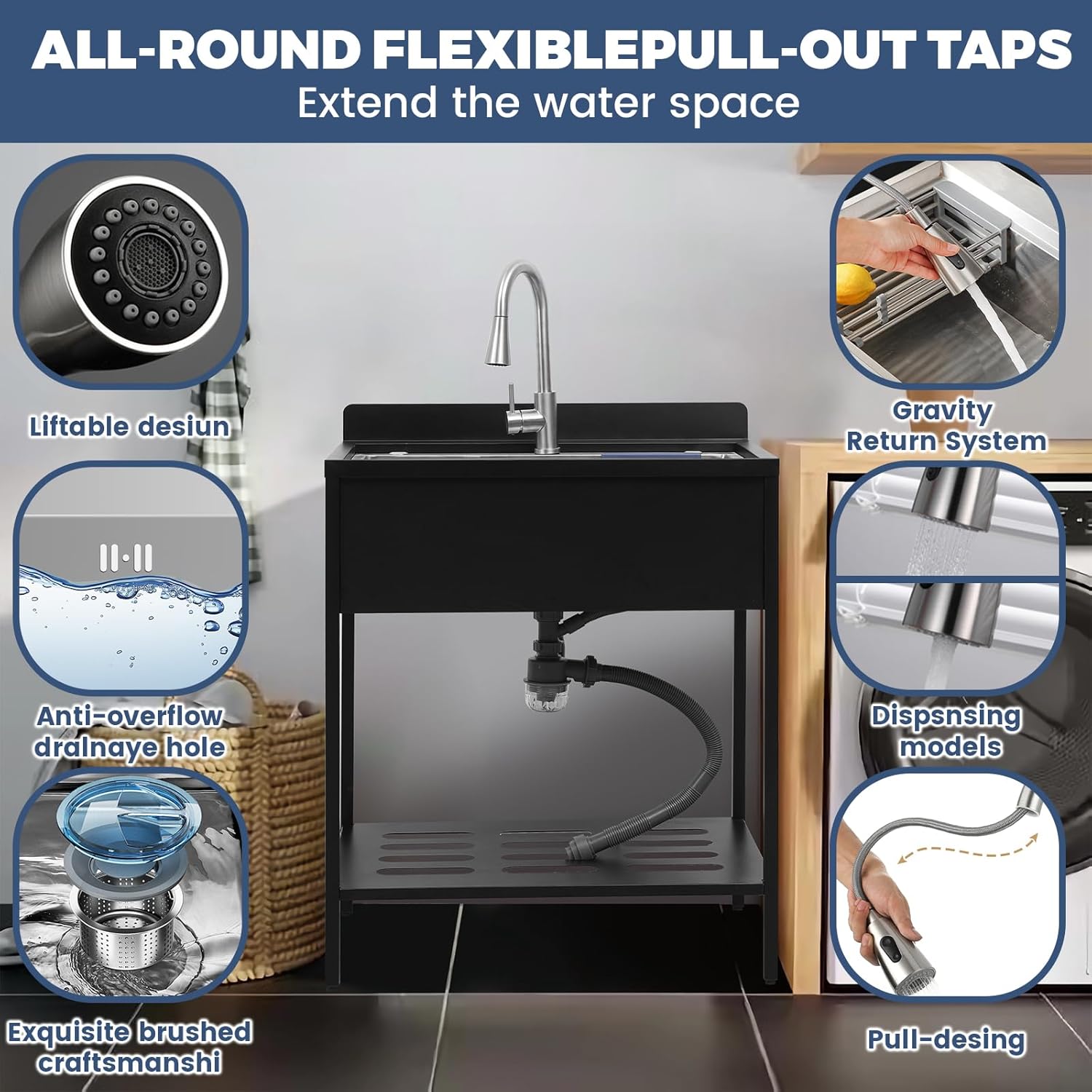 Portable Freestanding Stainless Steel Laundry Utility Sink with Cold and Hot Water with Cabinet Faucet Outdoor Kitchen Black Utility Sink