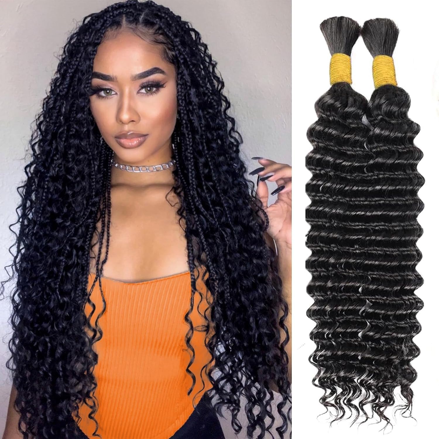 Chocolate Brown Human Braiding Hair for Boho Braids 2 Bundles 110g 20 Inch Deep Wave Bulk Human Boho Hair for Braiding No Weft Bundle 100% Brazilian Hair Extensions Curly for Boho Knotless Braids