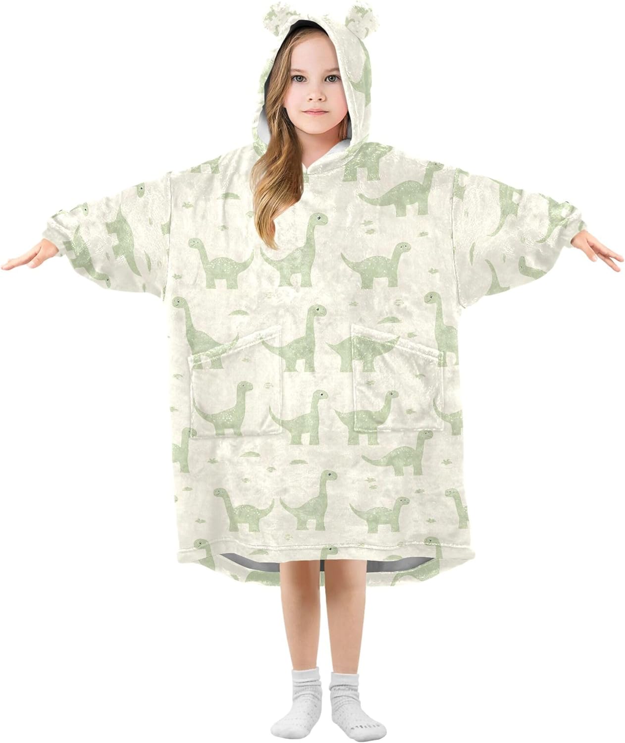 Green Dinosaur Dino Animal Kids Wearable Blanket Hoodie and Sleeves for Toddlers, Cute Hoodies Girls B0403858