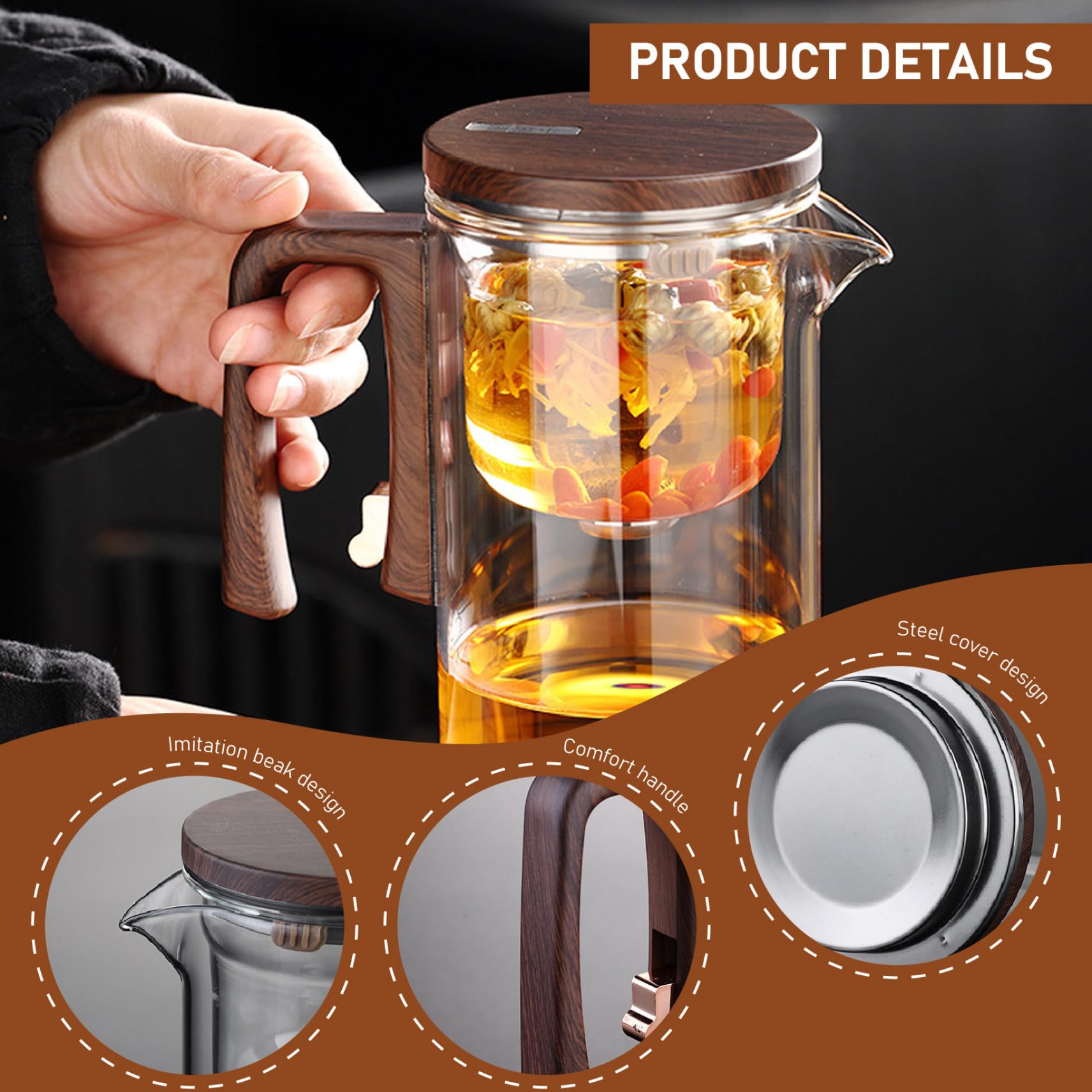 Teiera magnetica con manico e beccuccio, 520 ml, teiera in vetro con infusore per tè sfuso, resistente al calore, rimovibile, lavabile, con coperchio, per casa, ufficio, casa da tè