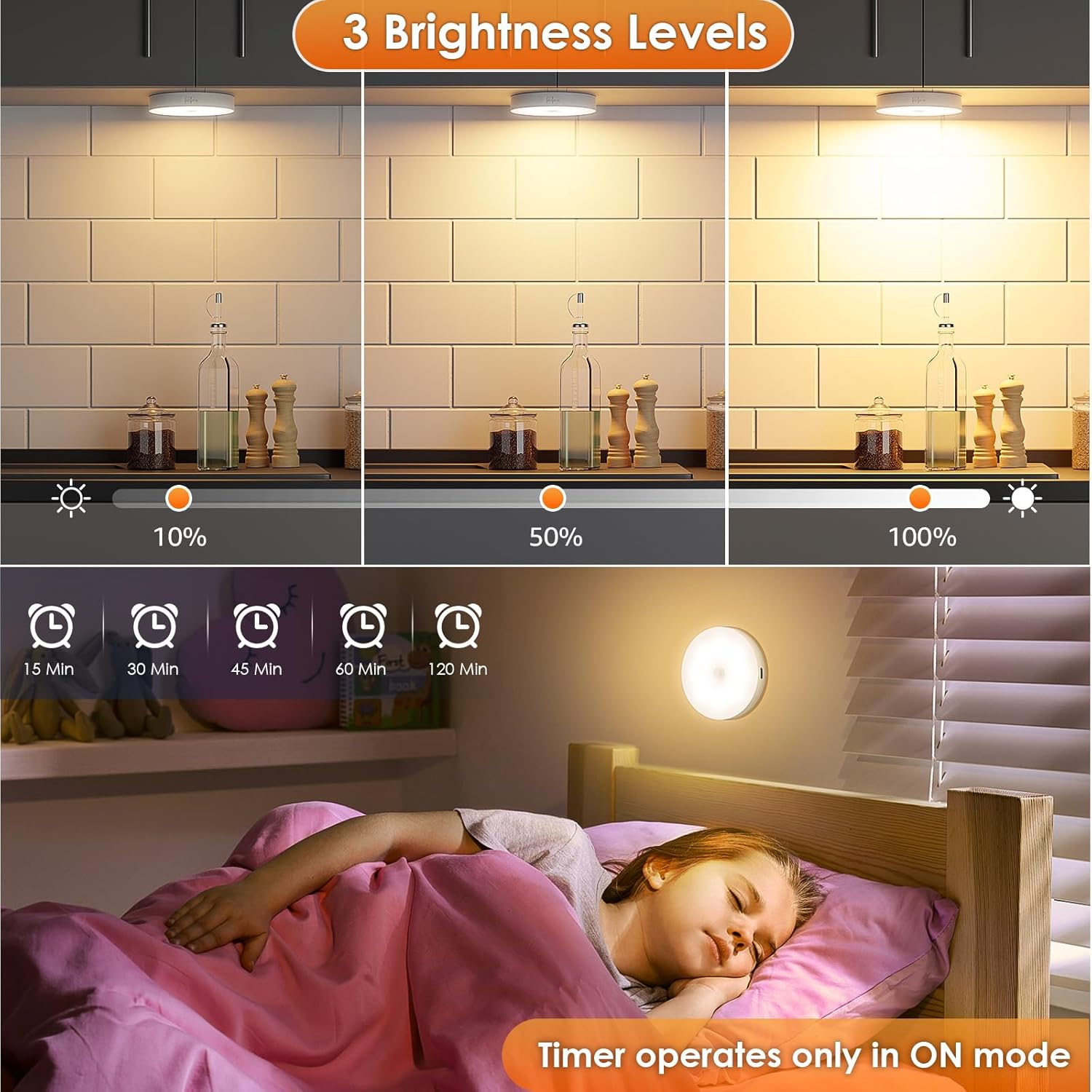 Motion Sensor Puck Light with Remote, Wireless Dimmable Under Cabinet Lighting, Rechargeable Magnetic Closet Night Light, 8-Pack, Warm White