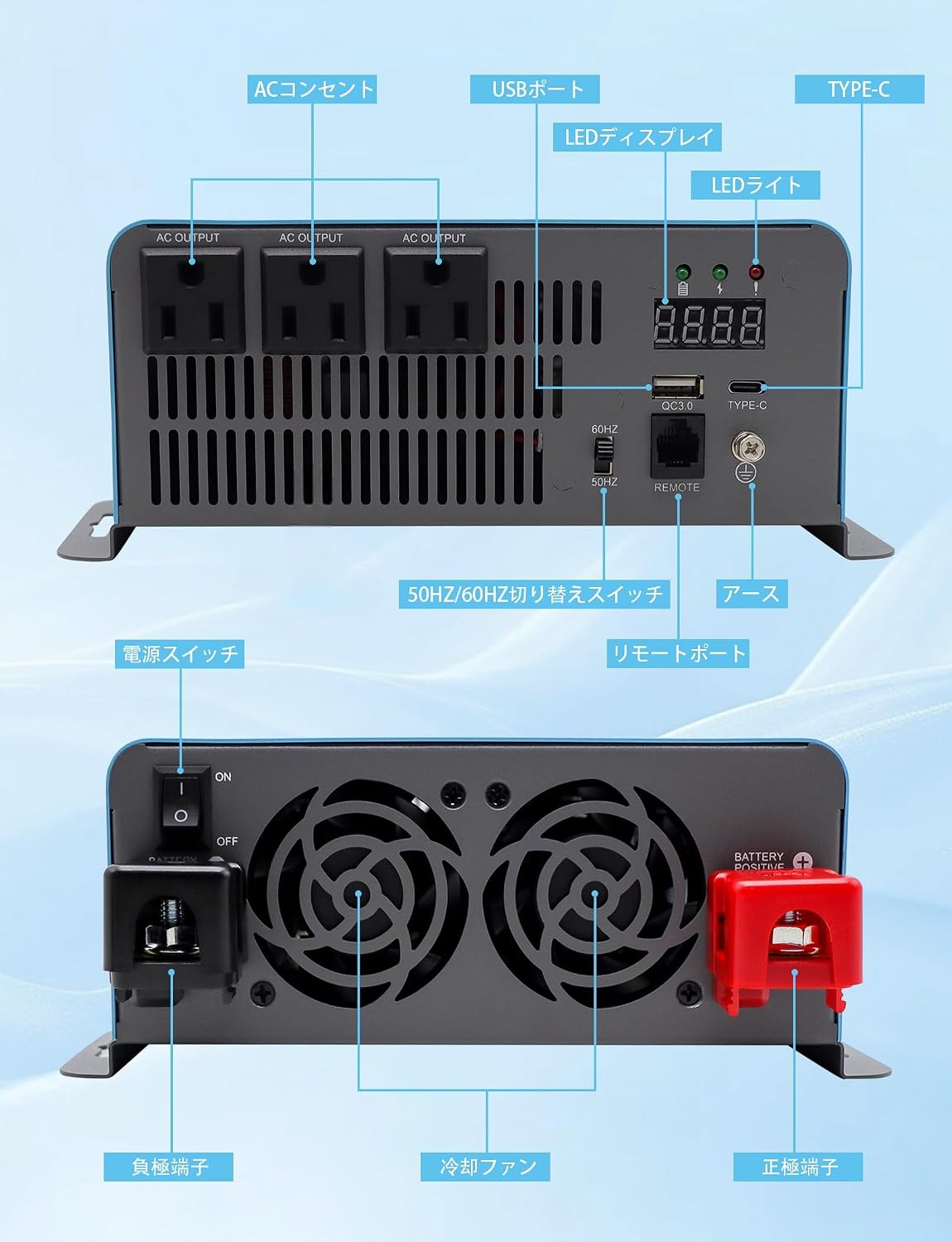 DATOUBOSS Pure Sine Wave Inverter showing its dimensions: 32.5cm length, 22.8cm width, and 7.8cm height.
