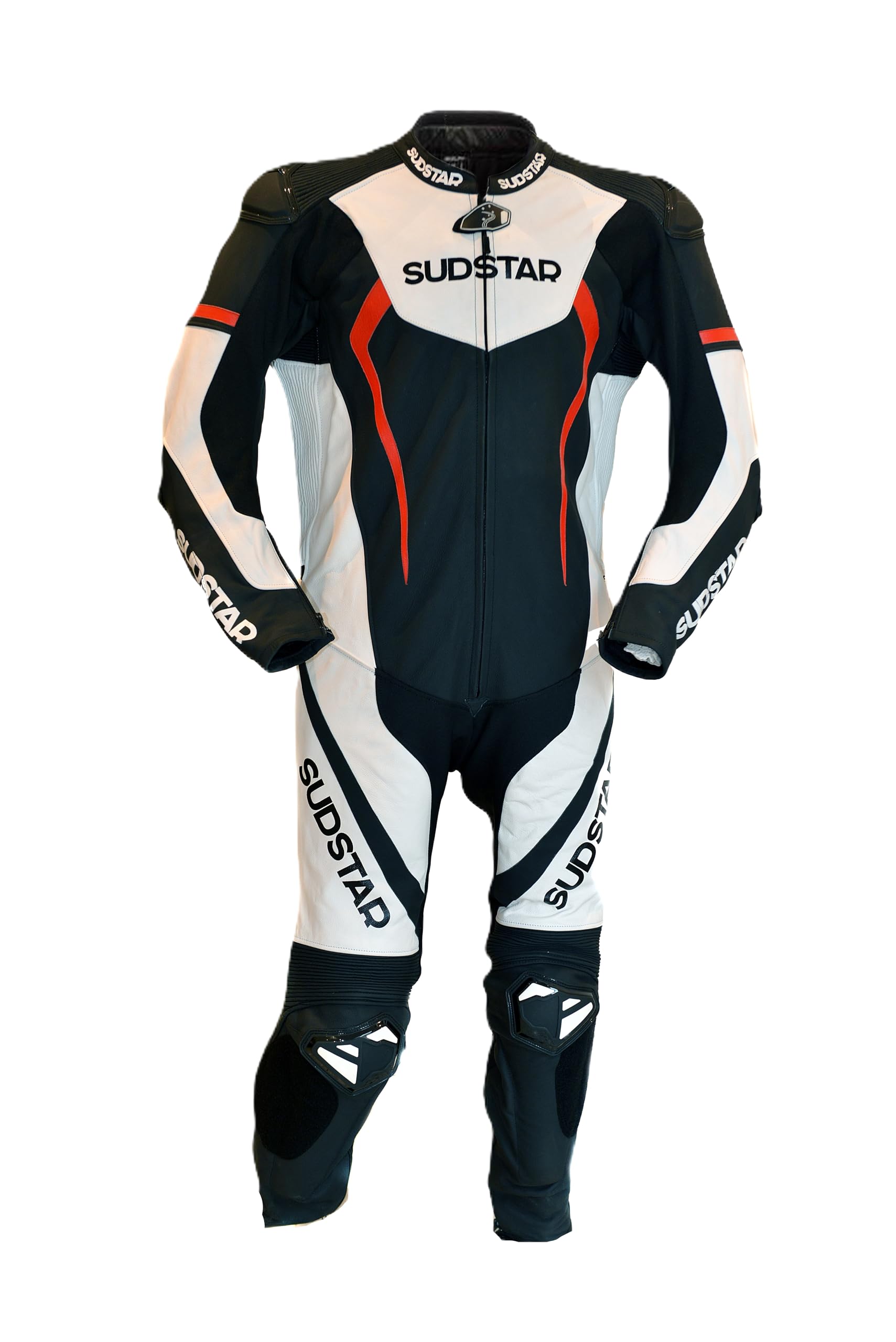 SUZUKA skórzany kombinezon motocyklowy, czarno-biały, sportowy design, certyfikat CE poziom 2, system Thermoline klasy A, predyspozycja AIRBAG