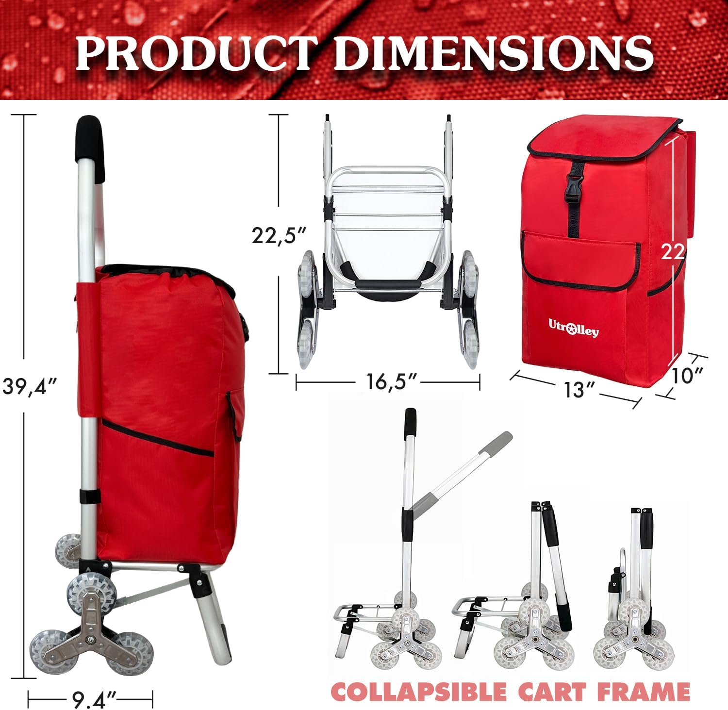 ultra-lightweight foldable stair-climbing red shopping cart - 42l capacity, six rubber wheels, removable insulated bag liner, durable aluminum frame,multi-function personal hand truck six wheel red