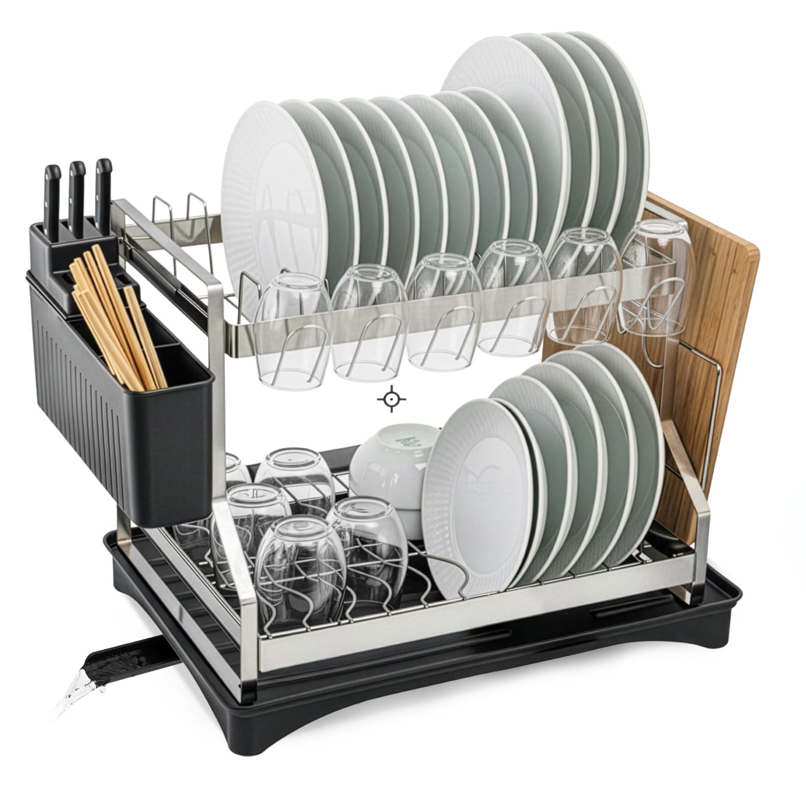 2 Tier Dish Drainer Rack with Drip Tray Rustproof for Kitchen Countertop Saving Dish Rack with Utensil Holder & Cup Holder, Large Capacity Stainless Steel Dish Rack withSwivel Drainage Spout