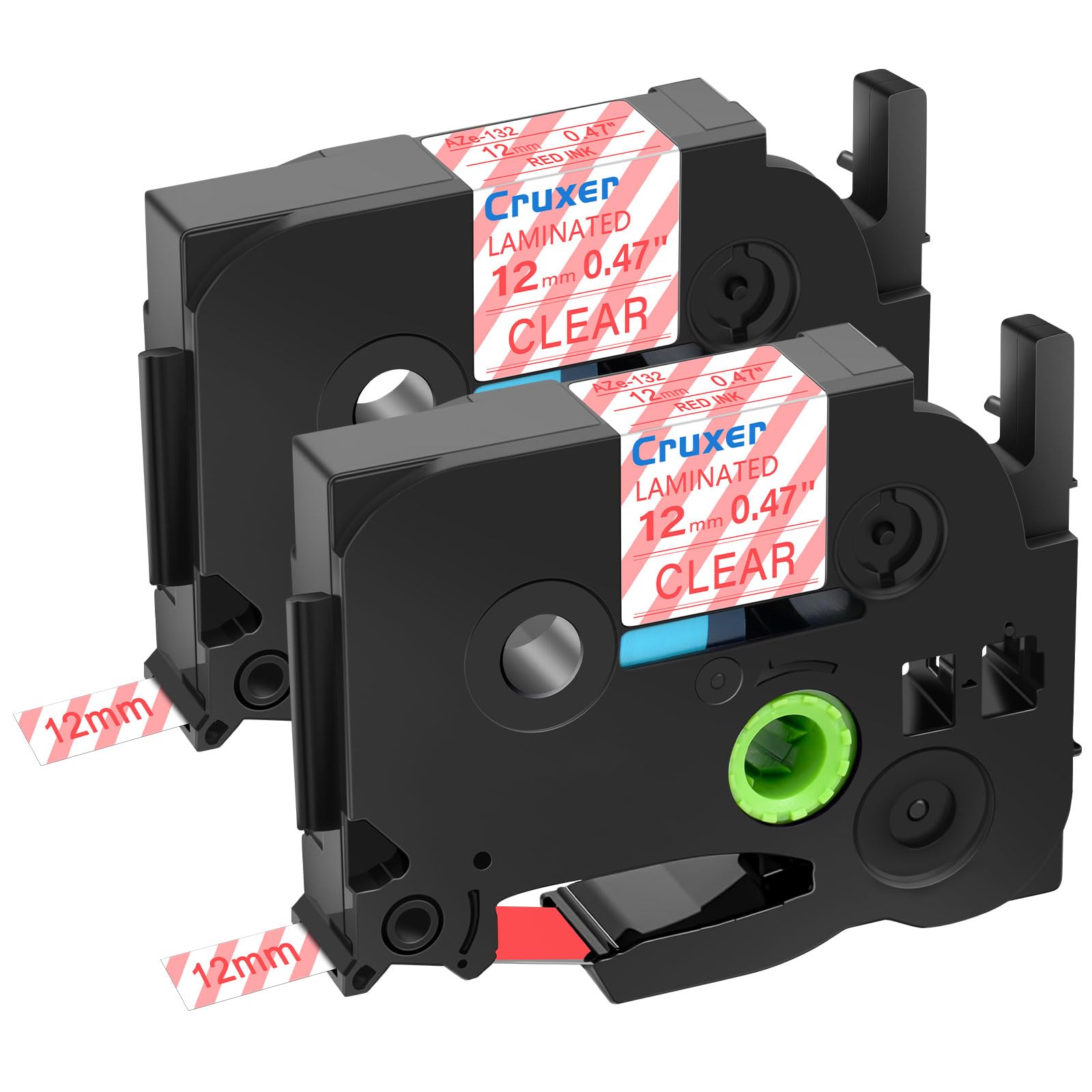 Cruxer 2 Pack Replacement for P-Touch TZe-132 TZ-132 Label Tape Red Text on Clear Laminated 12mm 0.47" Compatible with Ptouch PT-D200 PT-D210 PT-D400 PT-D450 PT-D600 PT-H100 1230PC Label Maker