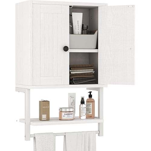 Homeiju Small Farmhouse Style Rustic Medicine Cabinet with Two Barn Doors, Wooden Wall Mounted Storage Cabinet with Shelf and Towel Bar for Bathroom, Living Room, Kitchen, White