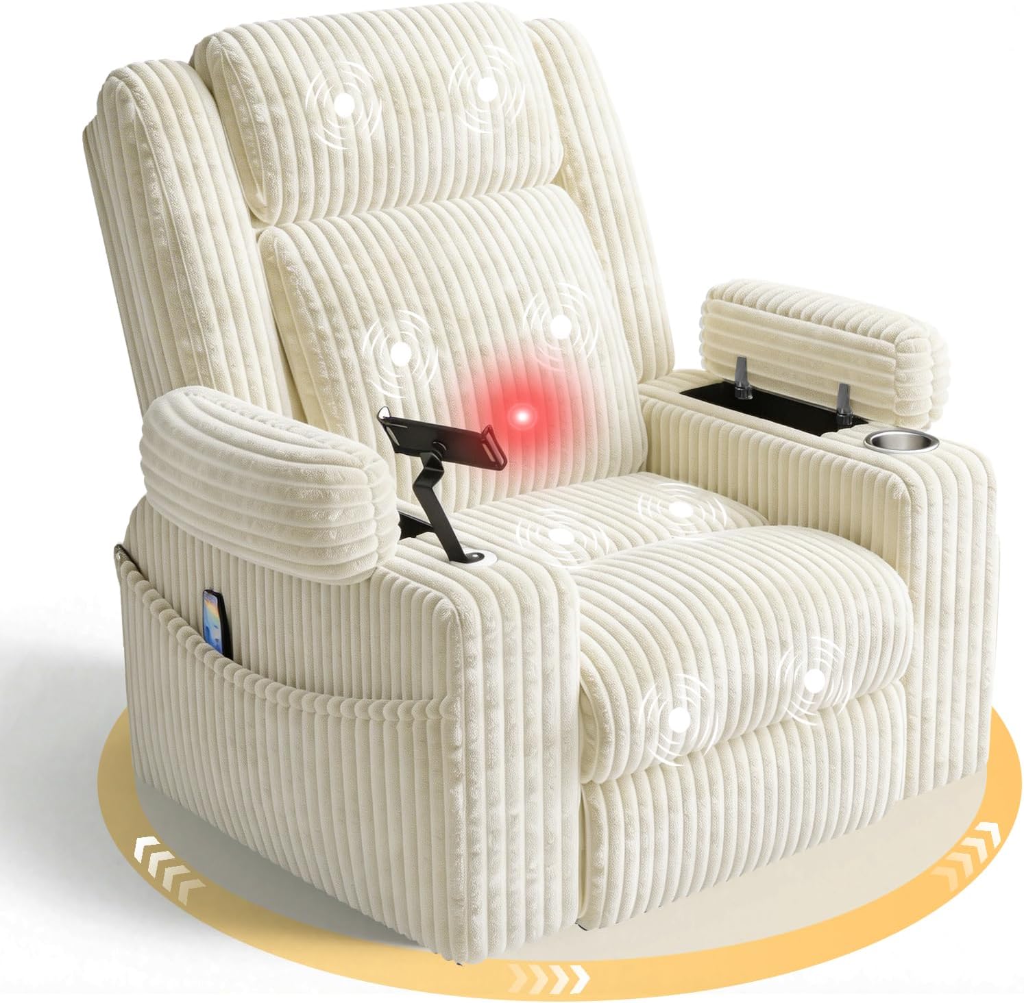 EROMMY Power Oversized Swivel Rocker Recliner with Massage and Heat, Nursery Rocking Chairs for Living Room, Comfy Glider Chair with Cup Holders, Armrest Storage,USB&Type-C Ports,Beige
