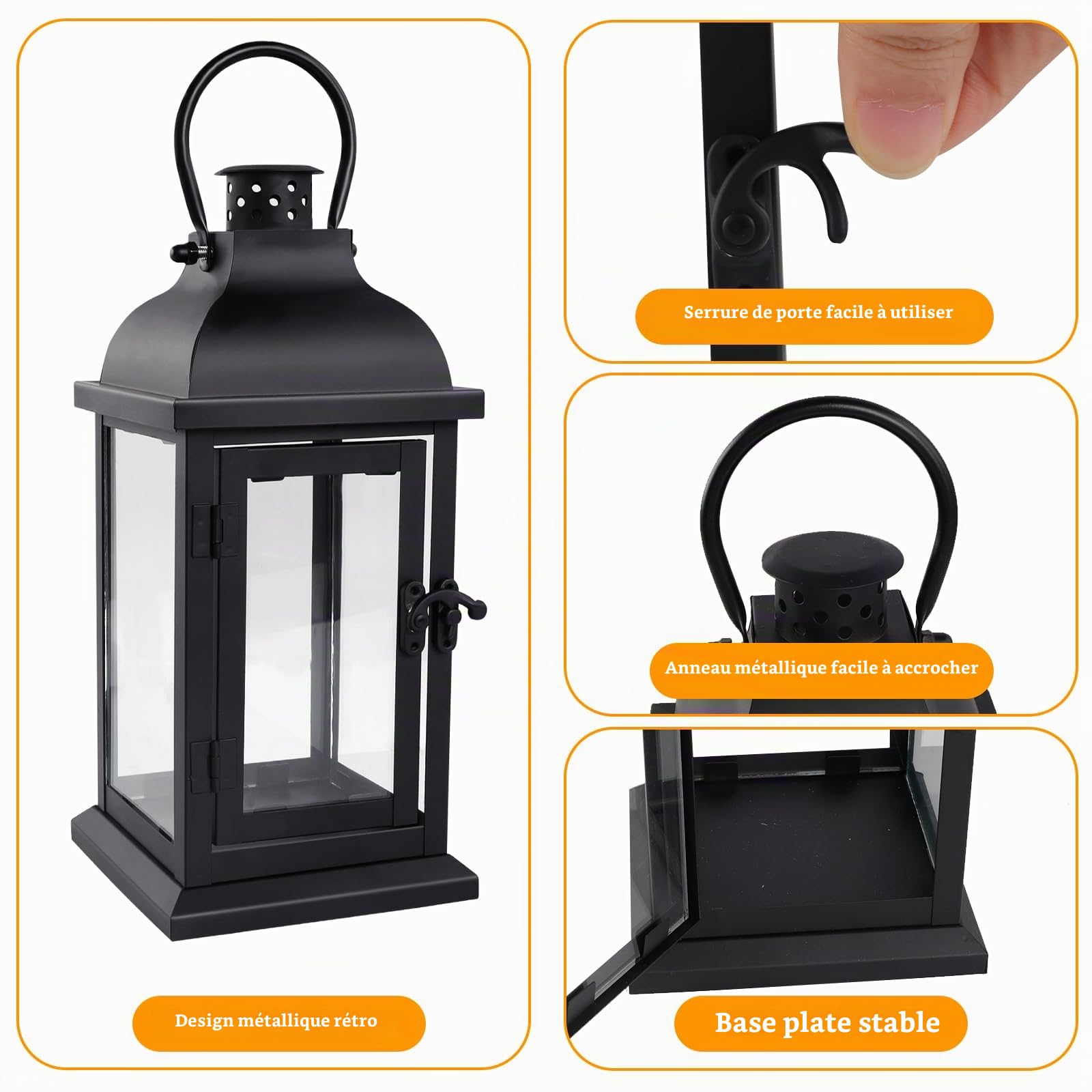Lanterne Bougie Exterieur Noire, 27cm Métal Lanternes Outdoor Funeraire pour Cimetière, Lanterne Résistante aux Intempéries, avec Vitre et Poignée, Décoration de Jardin, Lumière à Vent Intérieur