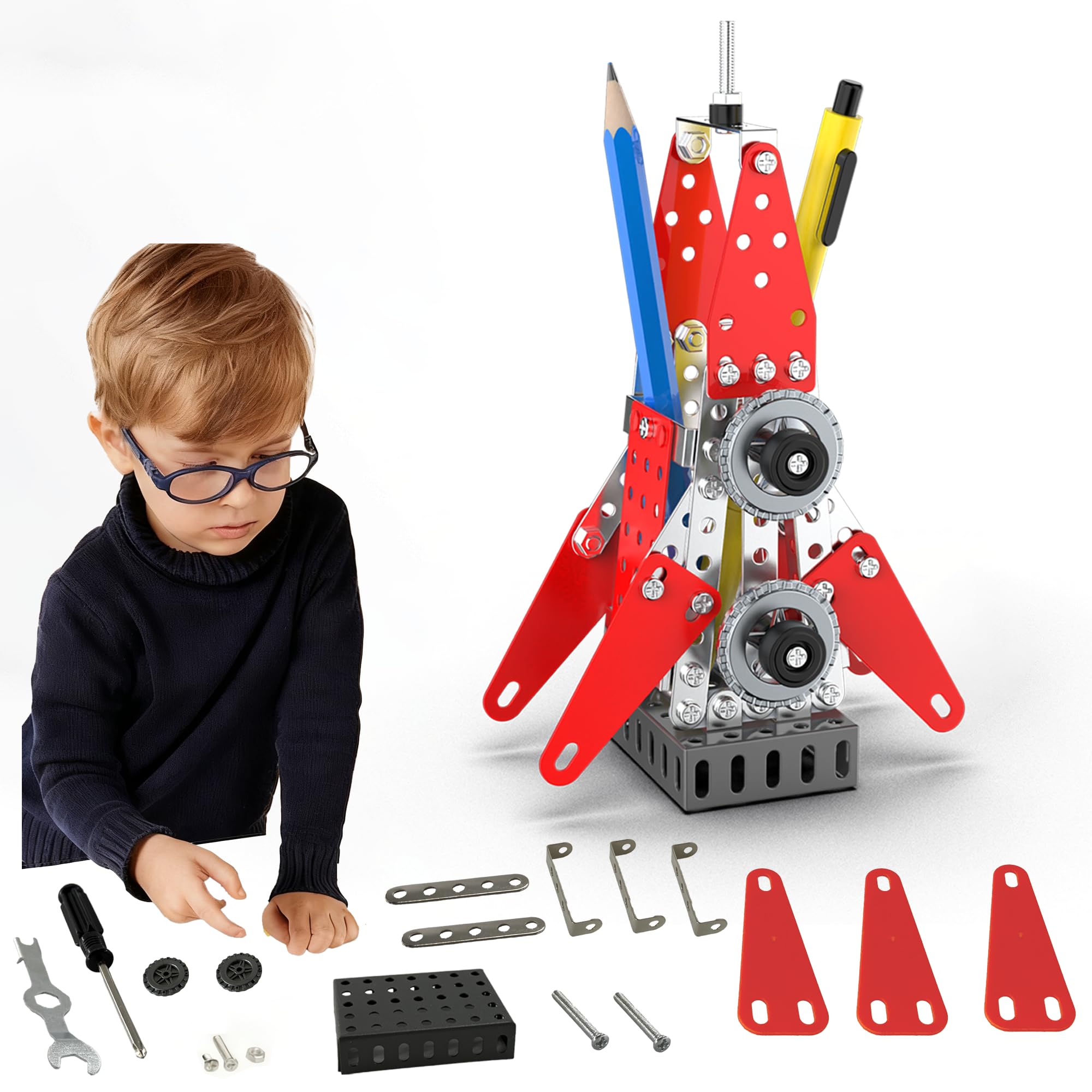 ​3D Metal Puzzle Rocket Building Kit 2-in-1 Pen Holder & Phone Stand for Desk - DIY Assembly Model, Fun STEM Project, Unique Office and Home Decor for Adults & Teens