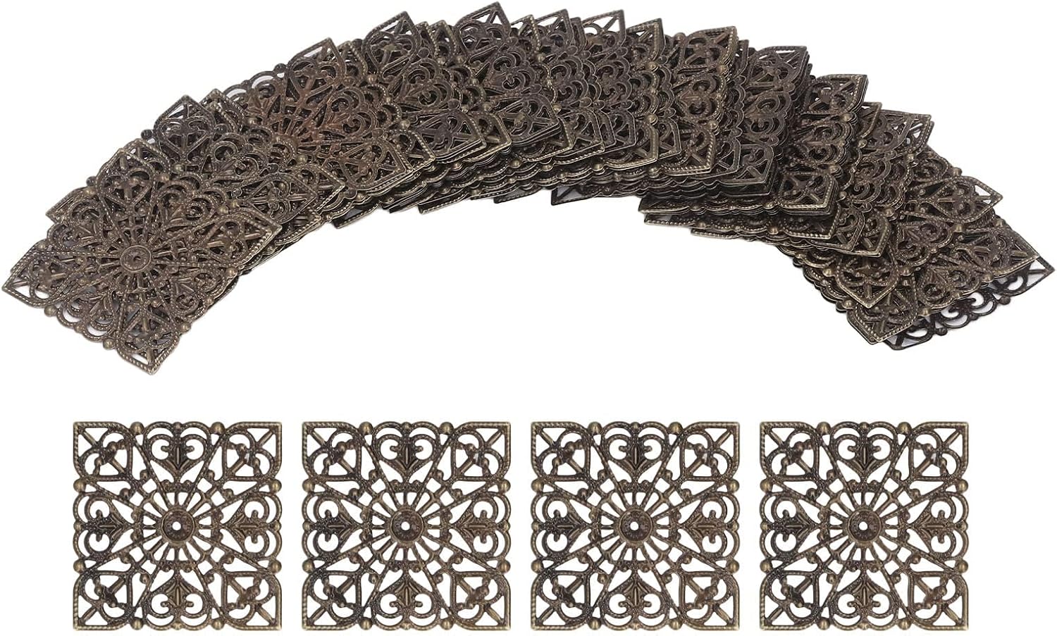 Antique Bronze Iron Filigree Pendant,50Pcs Square Iron Filigree Charm Pendant Connectors Hollow Electroplating Metal Embellishments for DIY Connectors for Jewelry Making