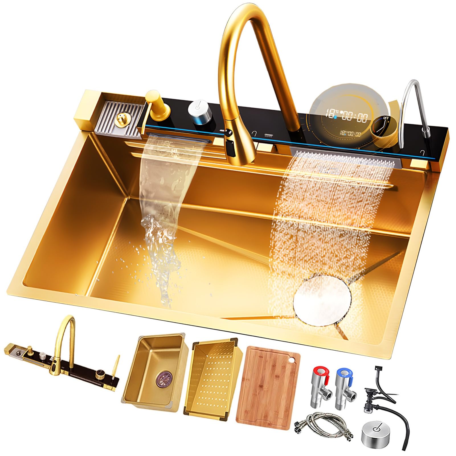 FCXWEVR Gold 68x46x22cm Waterfall Style Large Single Bowl Kitchen Sink with Temperature Display and Pull Faucet Topmount Design Multifunctional and Complete Accessories