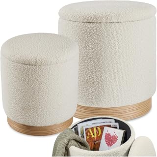 TecTake® Taburete Grande y Pequeño, 2 Taburetes Acogedores y Apilables, Tela Bouclé, Escandinavo, Carga 120 kg, MDF, Gran Puff Salon Almacenaje para Hogar, Pequeño Zapatero Entrada Recibidor - Crema