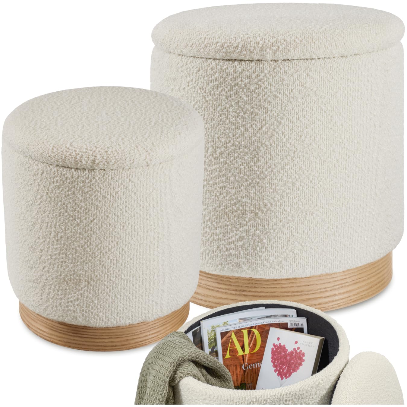tectake® Taburete Grande y Pequeño, 2 Taburetes Acogedores y Apilables, Tela Bouclé, Escandinavo, Carga 120 kg, MDF, Gran Puff Salon Almacenaje para Hogar, Pequeño Zapatero Entrada Recibidor - Crema