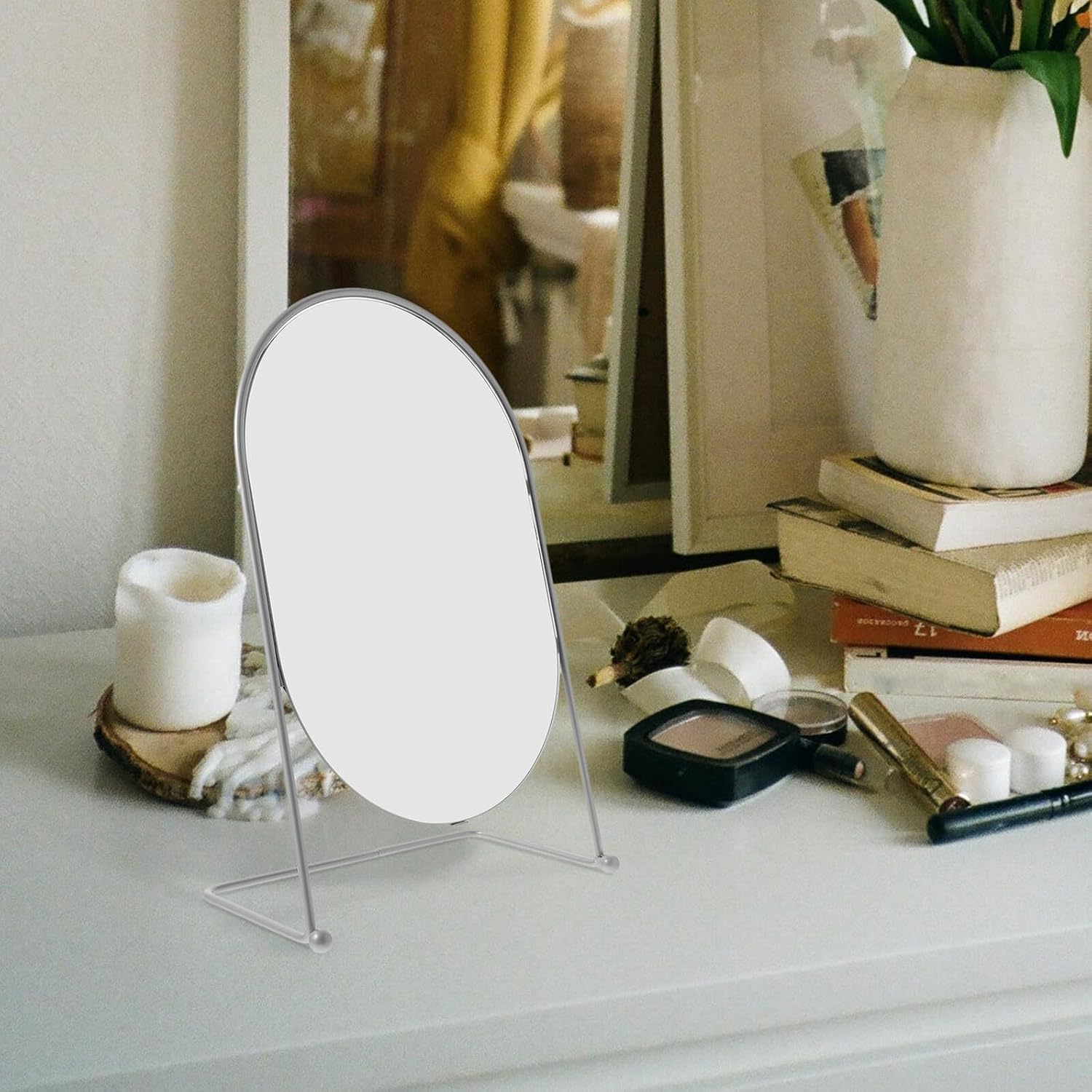 Oval High-Definition Table Mirror with Stand 13 Inch Silver Dressing Mirror for Bedroom Desktop Personal Care