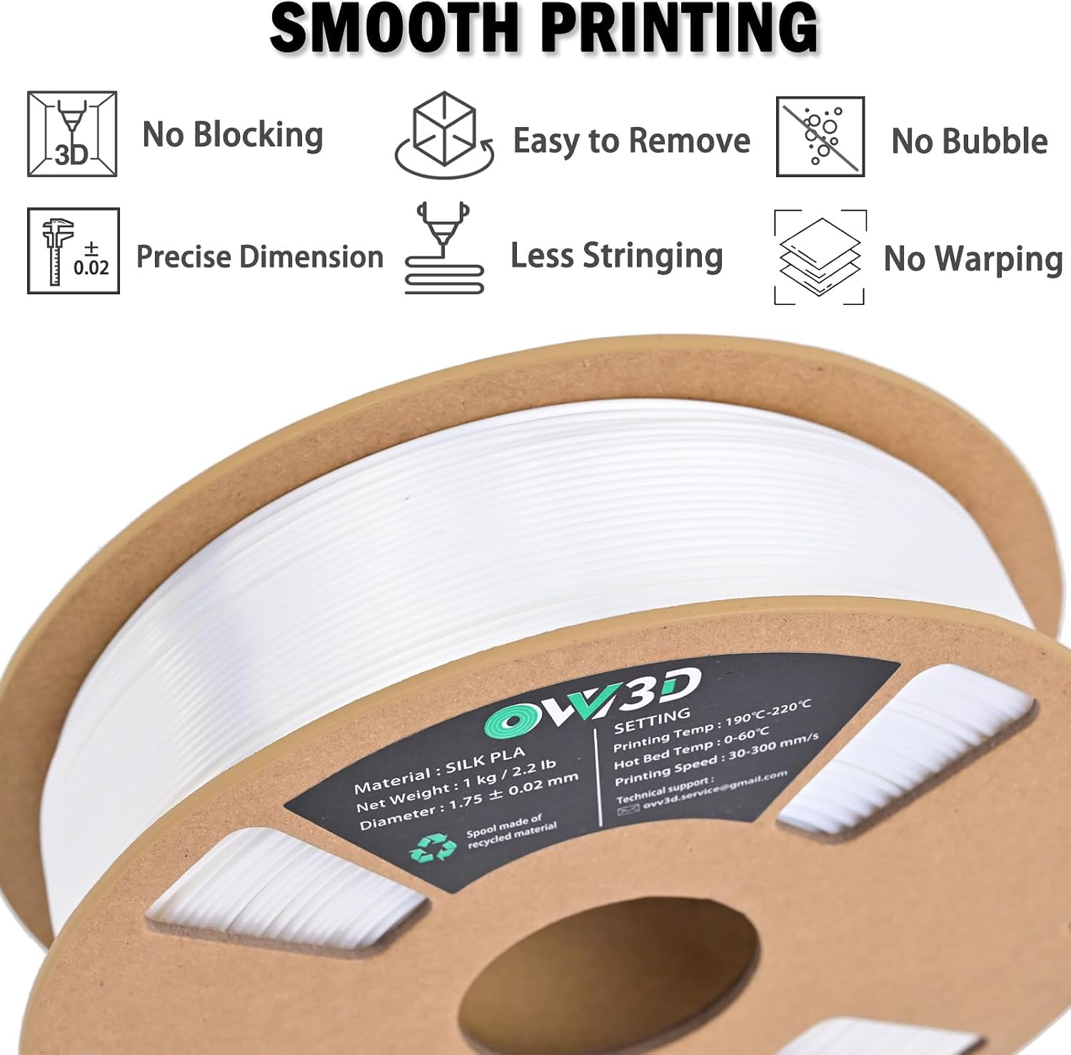 OVV3D Silk PLA Filament 1.75mm, Upgrade White PLA Filament 3D Printer Filament, Silk White 3D Printing Filament, 3D Filament 1.75 +/- 0.02mm, Silk 1.75 PLA Filament for 3D Printer and 3D Pen, 1kg