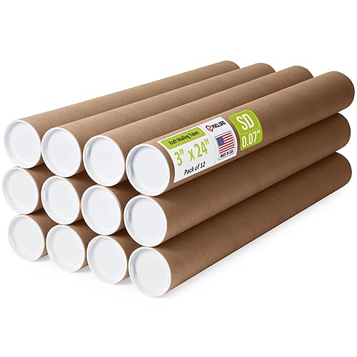 Tubos de correo de papel kraft reforzado de 3 x 24 pulgadas, paquete de 12 tubos con 2 tapas cada uno, tubo de cartón fabricado en Estados Unidos