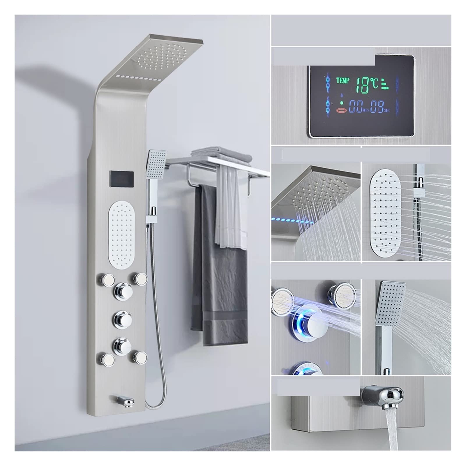 CVFRDD Black LED Light Shower Faucet Bathroom SPA Massage Jet Shower Column System Waterfall Rain Shower Panel Bidet Sprayer Tap(8025 Brushed C)