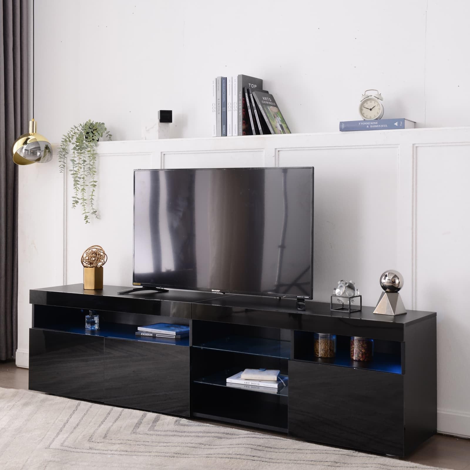 PUGSDRLY Meuble TV Contemporain Noir 180cm avec Éclairage LED Réglable et Finition Brillante,Adapté aux Salons et Salles à Manger (Black)