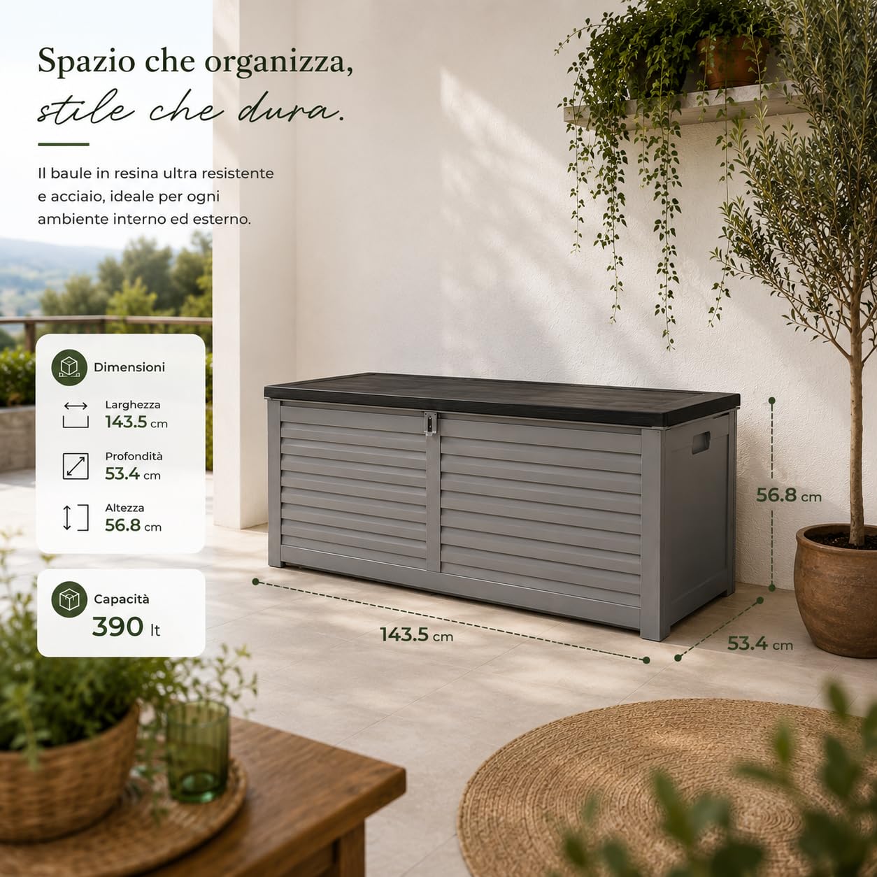 Baule Contenitore da Esterno In Resina 390 L | chiusura predisposta per lucchetto e apertura assistita, dimensioni 143.5x53.4x56.8 cm