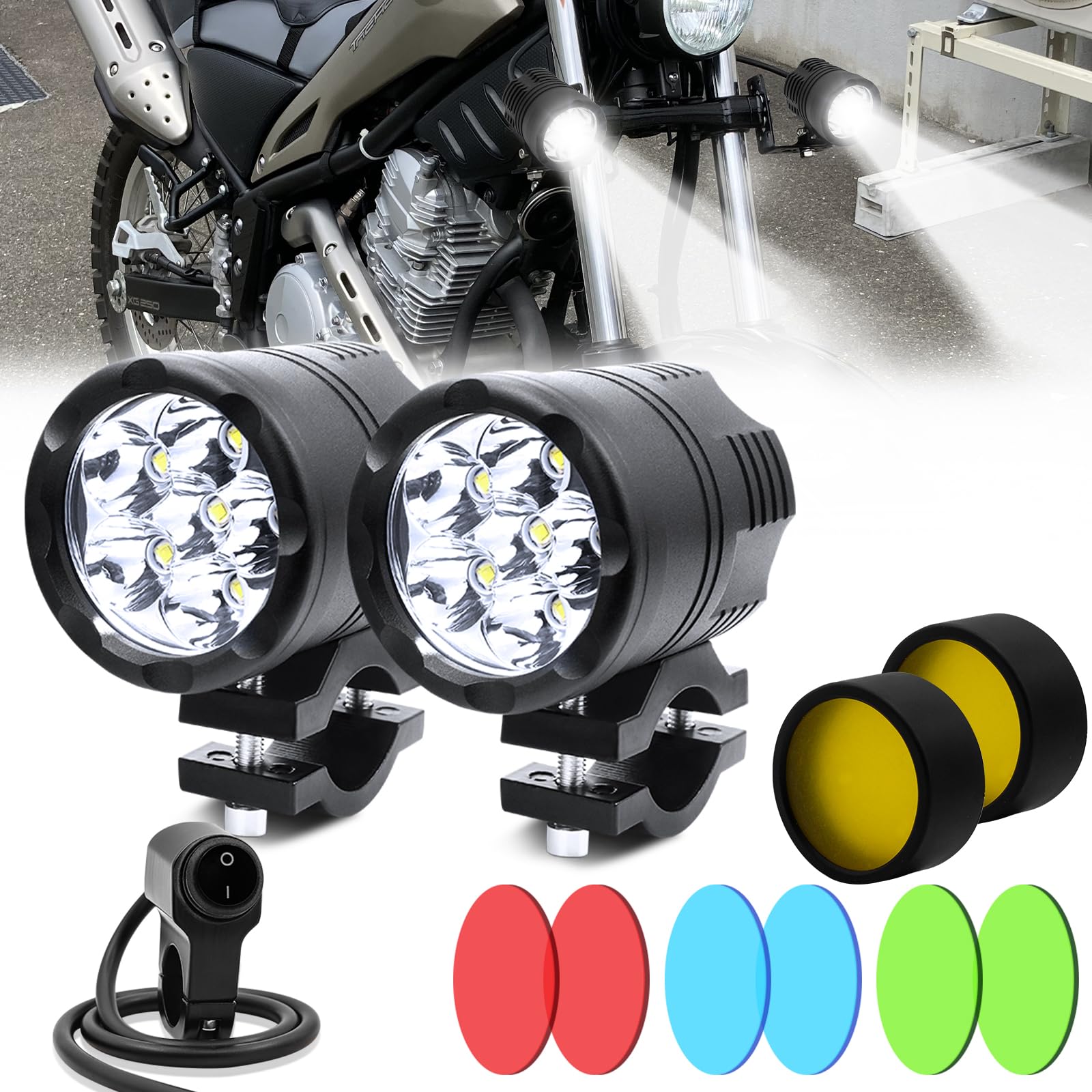 feux additionnels moto led, phare, led moto projecteur lampe Kit Feux de Route à LED Rond avec Interrupteur et Support de Montage, 2Pcs