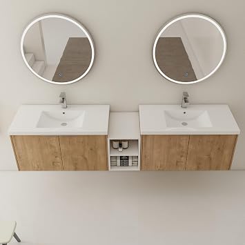 SSLine 84" Double Bathroom Vanity with Top Basin Modern Wall Mounted Bathroom Vanity Set with Double Sink 84-Inch Floating Bath Vanities w/Middle Open Shelf &2 Storage CabinetBrown&White