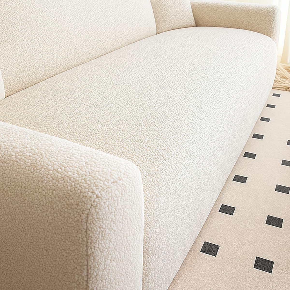 Stretch Plush Sofa Covers Bouclé Sherpa Fleece Couch Slipcovers Non Slip Full Wrap Elastic Bottom Machine Washable Furniture Protector Soft Durable Pet Friend(Size:4Seater(235-300cm),Color:Ivory Loop)