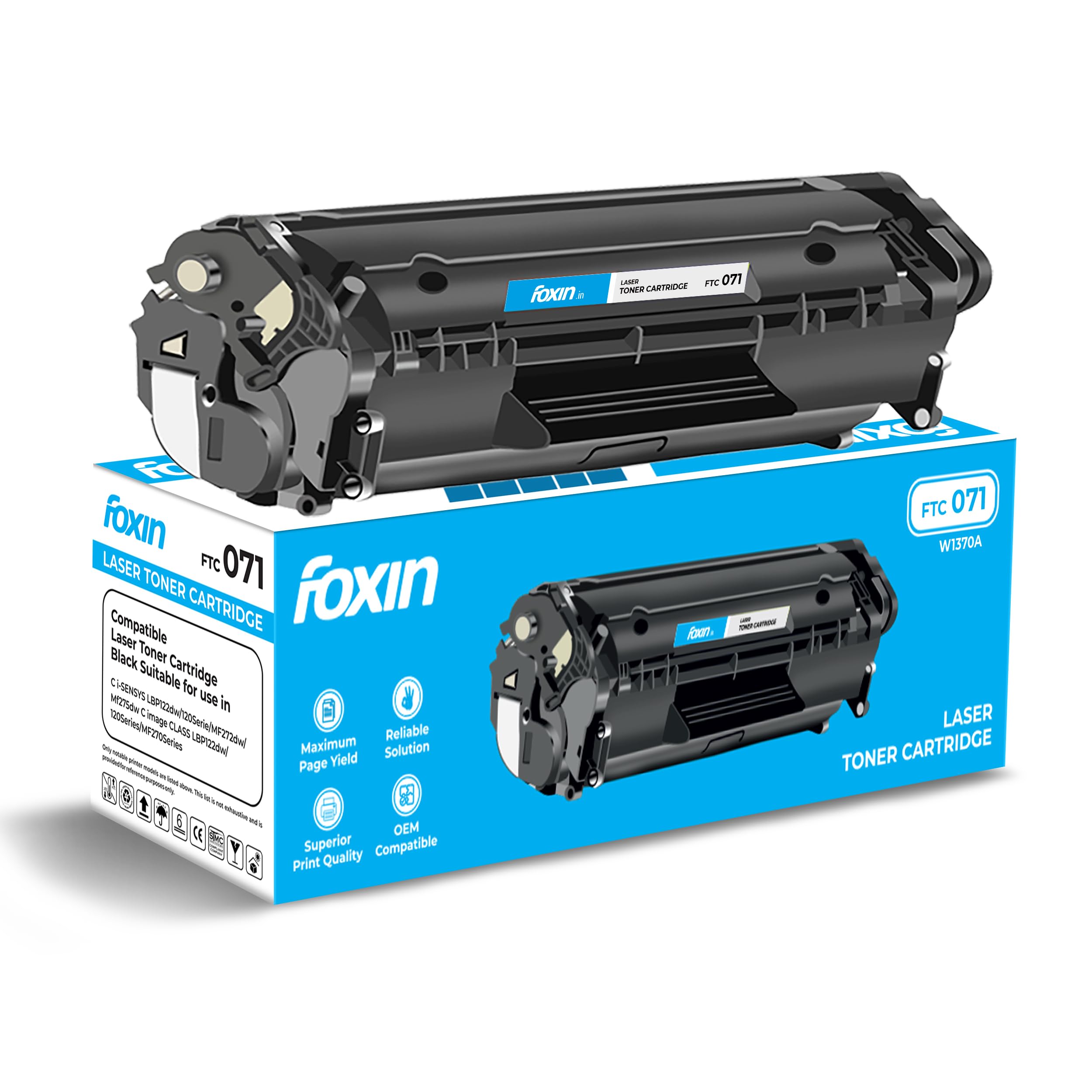 Foxin FTC 071 Toner Cartridge | Compatible with Canon LBP122dw, MF272dw, MF275dw, MF 120 & MF 270 Series | Monochrome Laser Printer Cartridge | High Page Yield - 1200