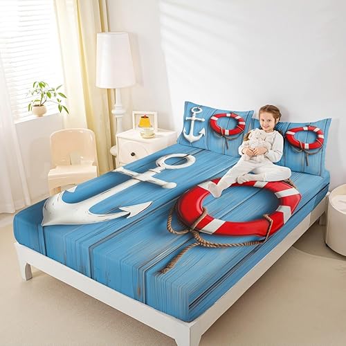 Miniatura 2 de Erosebridal Sábana bajera náutica costera tamaño Queen, ropa de cama de playa de verano, estilo clásico, funda de cama oceánica, 3 piezas con 2