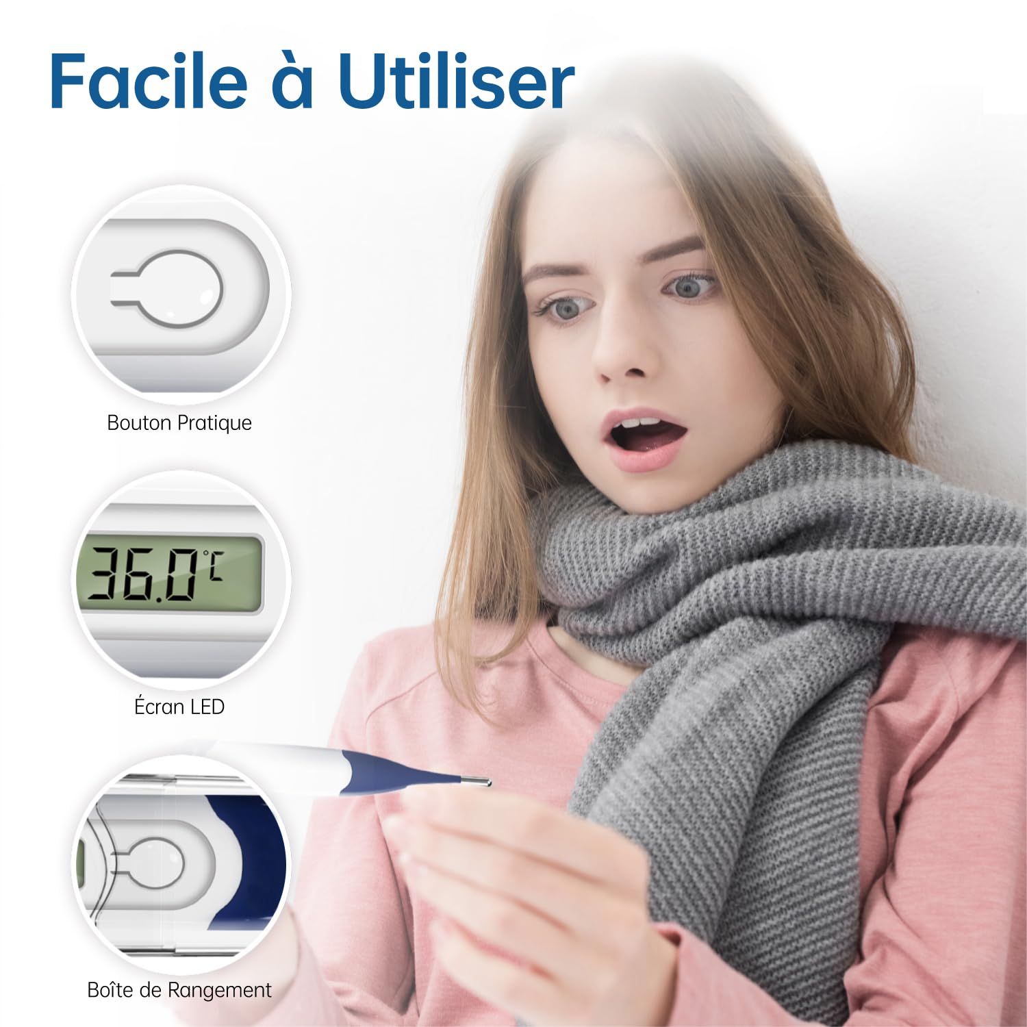 Thermomètre Numérique à Embout Flexible​, Mesure Rapide et Précise par Voie Buccale, Axillaire ou Rectale - Pour Bébés, Enfants et Adultes