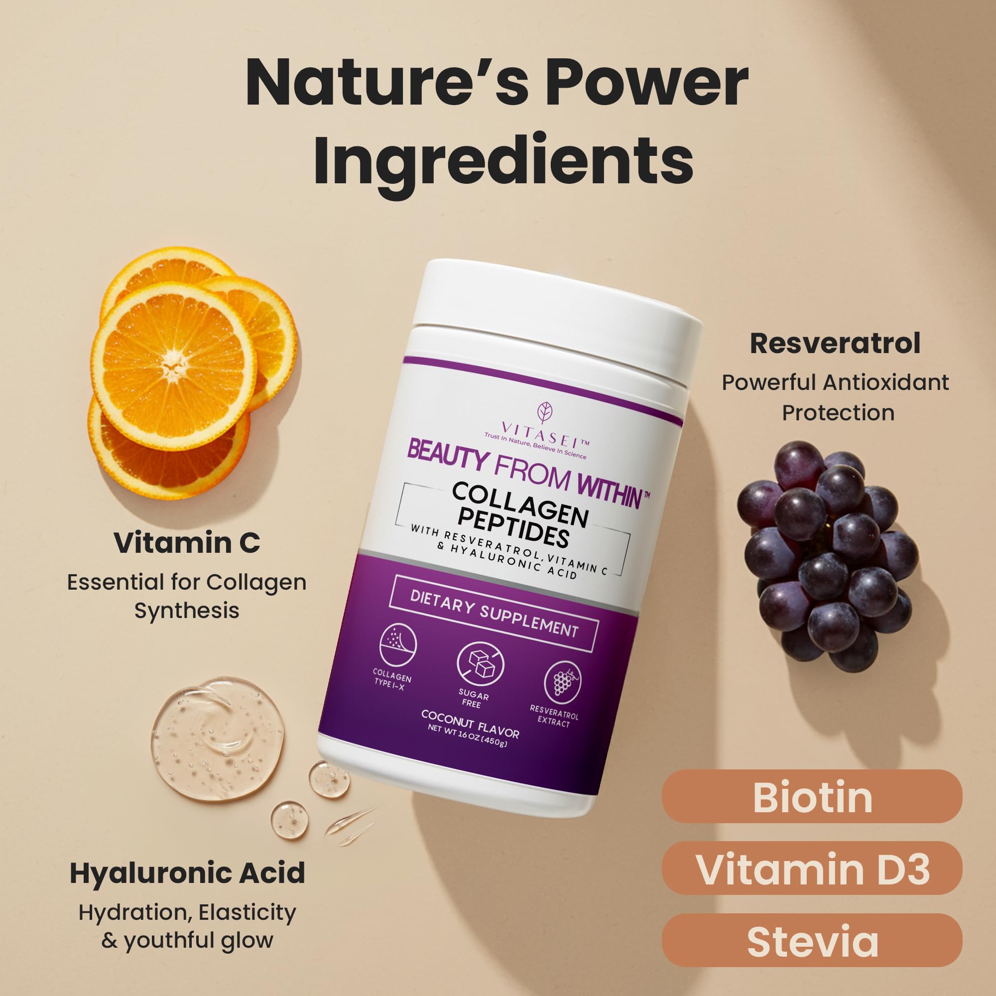 Hydrolyzed Collagen Peptides Powder with Vitamin C & Resveratrol - Hair, Skin and Nails Vitamins for Women & Men - Bone and Joint Supplement - Coconut Flavored - 16 oz
