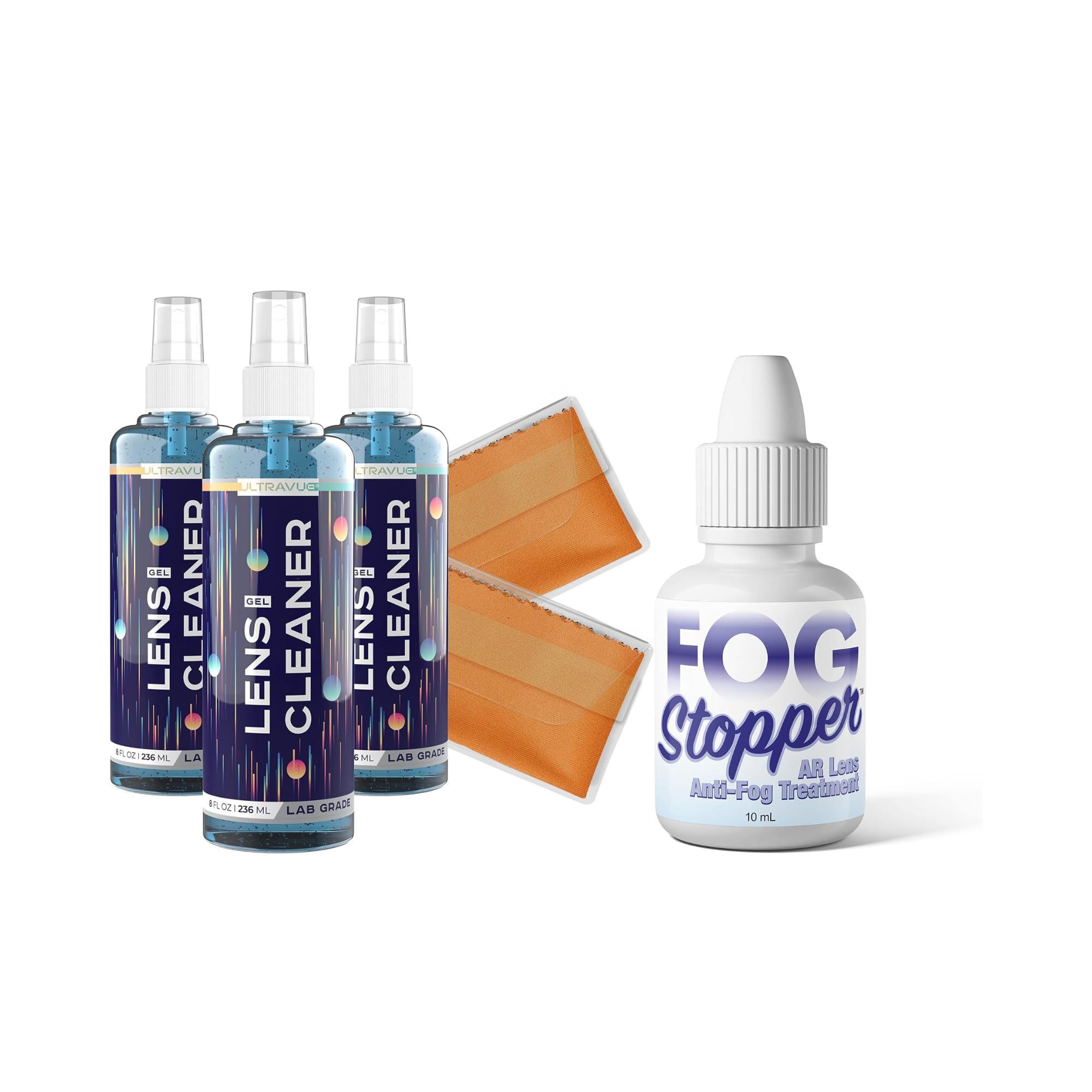 ULTRAVUE Eyeglass Gel Lens Cleaner Spray Kit - 3 x 8oz Gel Lens Cleaner Spray Bottle 2 Microfiber