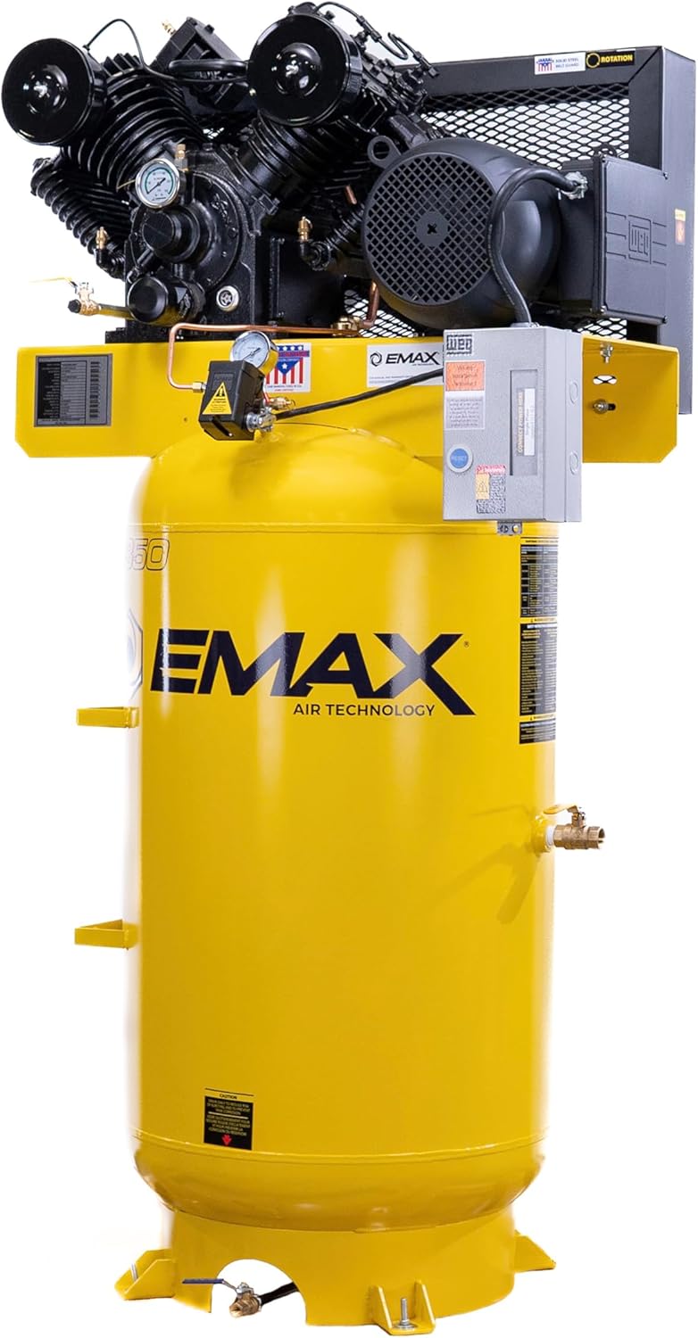 EMAX E350 Stationary Air Compressor, angled view showing tank and drain valve