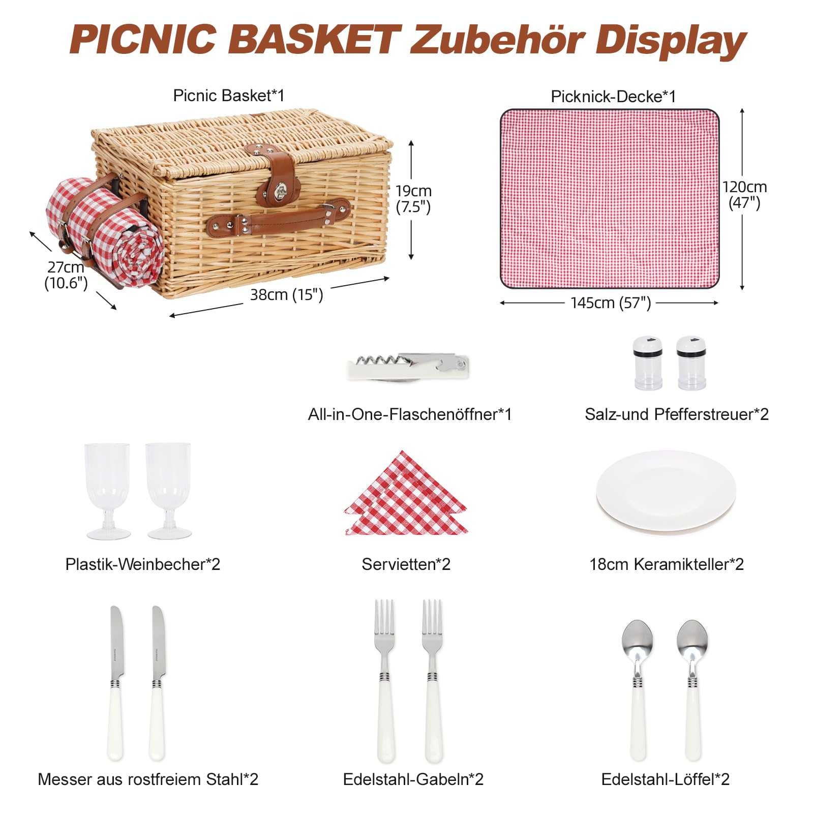 Picknickkorb für 2 Personen, Picknickkorb-Set mit Kühlfach und wasserdichte Picknickdecke, Besteck Set, Handgefertigtes Weidenkorb Picknick Korb Geschenk für Camping, Strand, Wandern (RotCheck)
