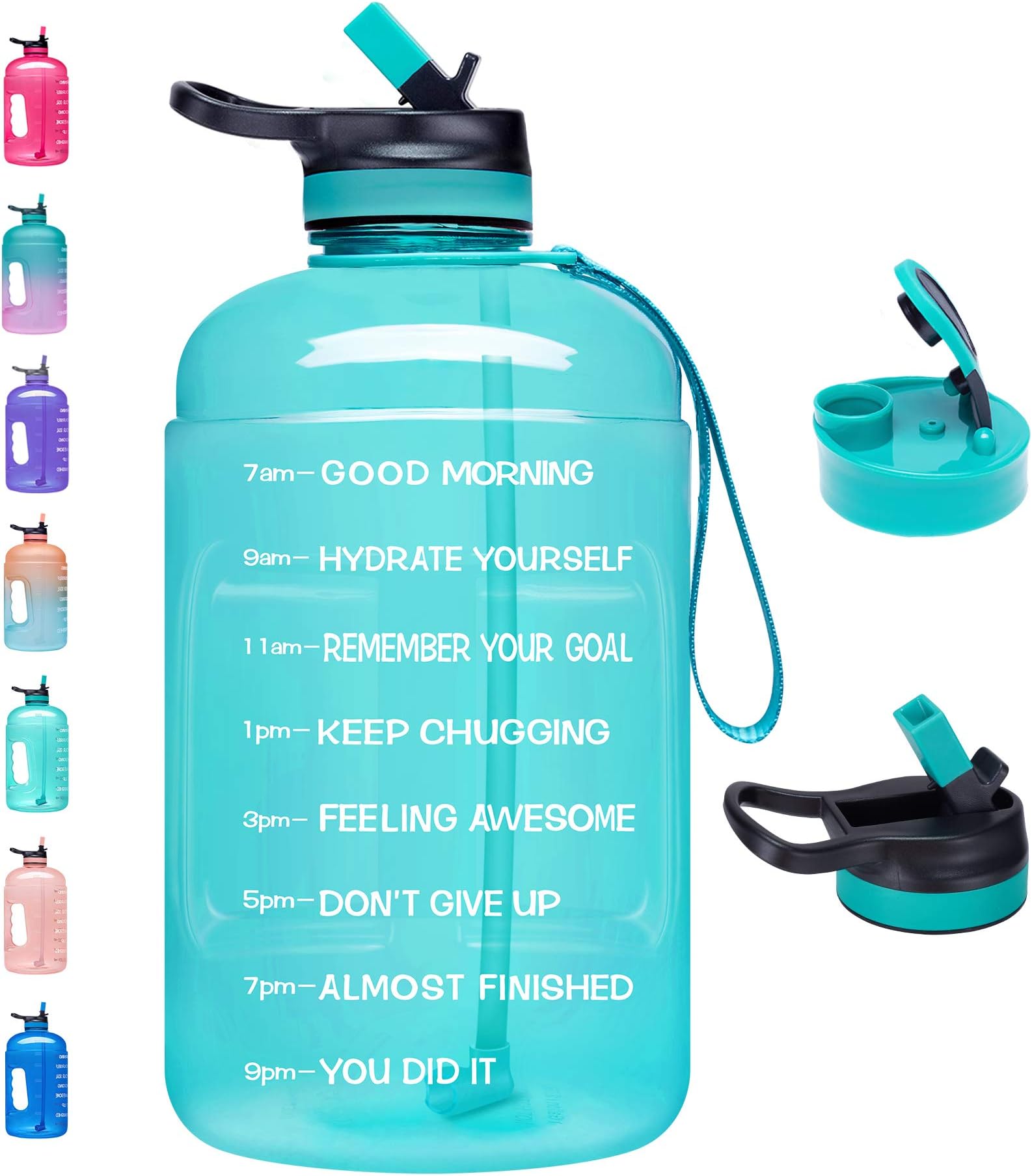 Venture Pal Large 64 oz/Half Gallon Motivational Water Bottle with 2 Lids (Chug and Straw), Leakproof BPA Free Sports Water Jug with Time Marker to Ensure You Drink Enough Water Throughout The Day