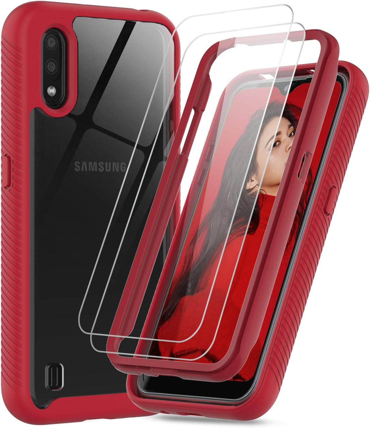 LeYi Compatible with Samsung Galaxy A01 Case, Samsung A01 Case with Tempered Glass Screen Protector [2 Pack], Full-Body Rugged Hybrid Bumper Shockproof Clear Phone Cover Cases for A01, Red