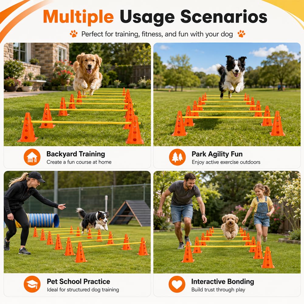 Steckhürdenset, Agility Set Hunde mit 12 Kegel(23cm) + 6 Stangen(1 m), Cavaletti Hund für Koordinationstraining, Pylonen Hundetraining, Einstellbare Trainingshürden für Hunde Teamsport Fussball