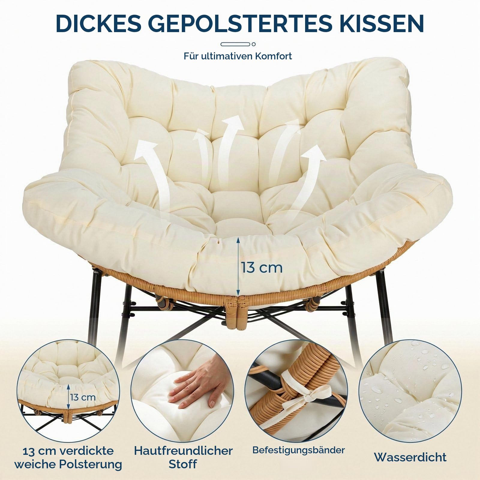LIFERUN Schaukelstuhl mit Rattan, Ei-Schaukelstuhl, Belastung 150 kg, Beige | Schaukelsessel Oversized, mit dickem Abnehmbar Polster, Metallrahmen, Loungesessel für Garten Balkon Wohnzimmer