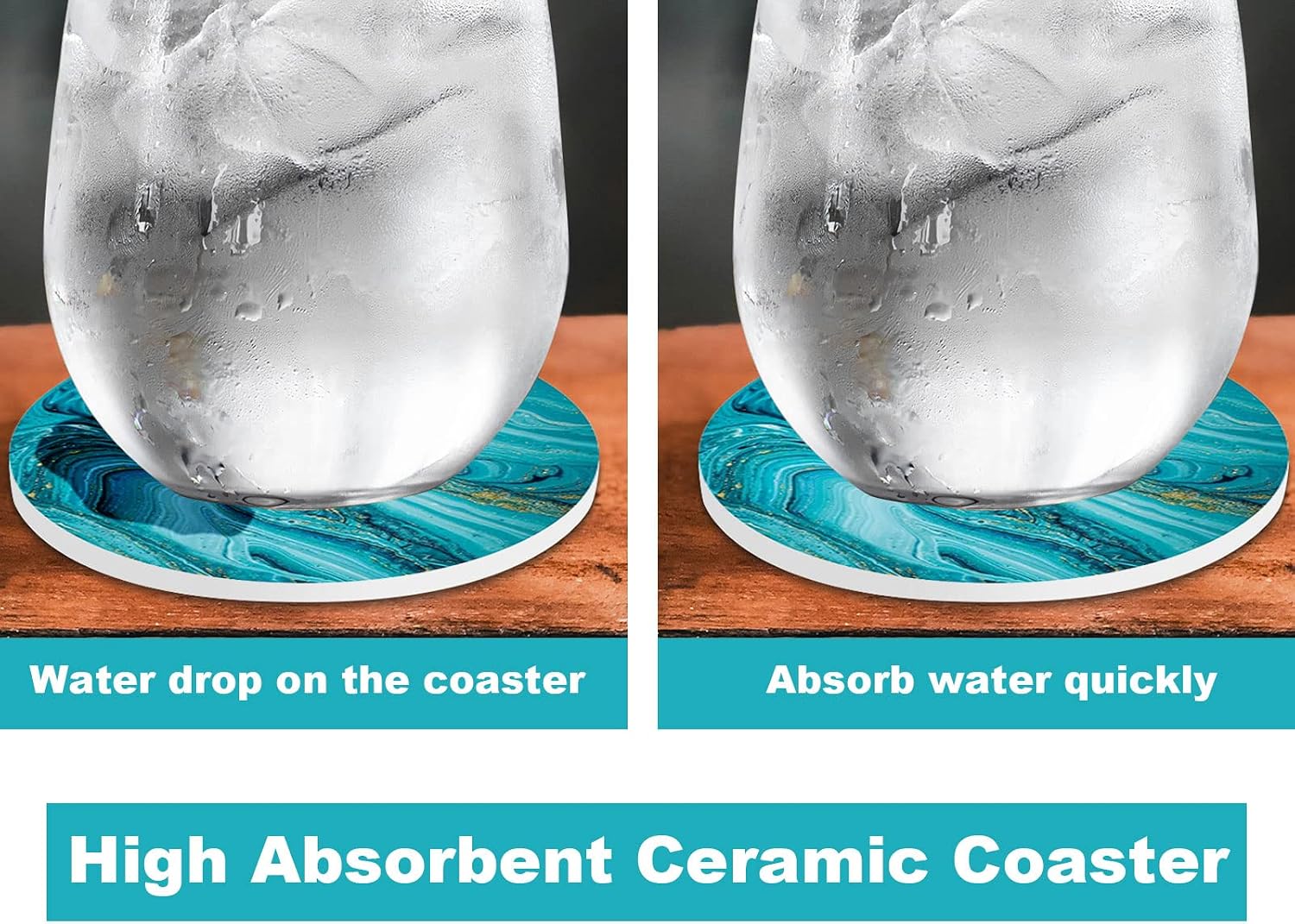 Coasters for Drinks,Ceramic Absorbent Coasters with Iron Holder and Non-Slip Cork Base,Cup Coasters for Table,4.06" Teal Ocean Thirstystone Coasters Set of 6 as Home Decor