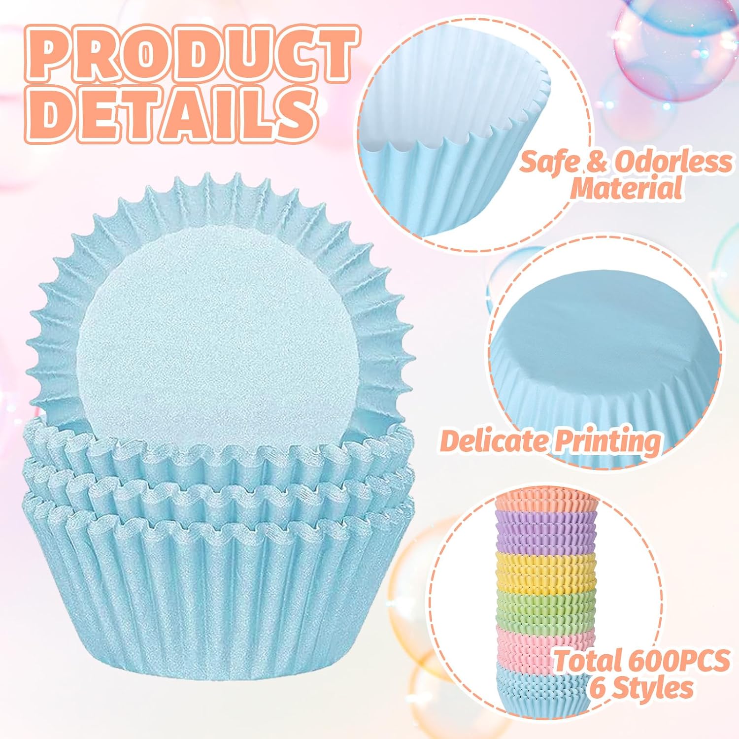 Whaline 600Pcs Colorful Cupcake Liners Pastel Color Cupcake Wrappers Baking Cup Light Pink Blue Purple Yellow Orange Green Muffin Liners for Easter Spring Baby Bridal Shower Wedding Birthday Party